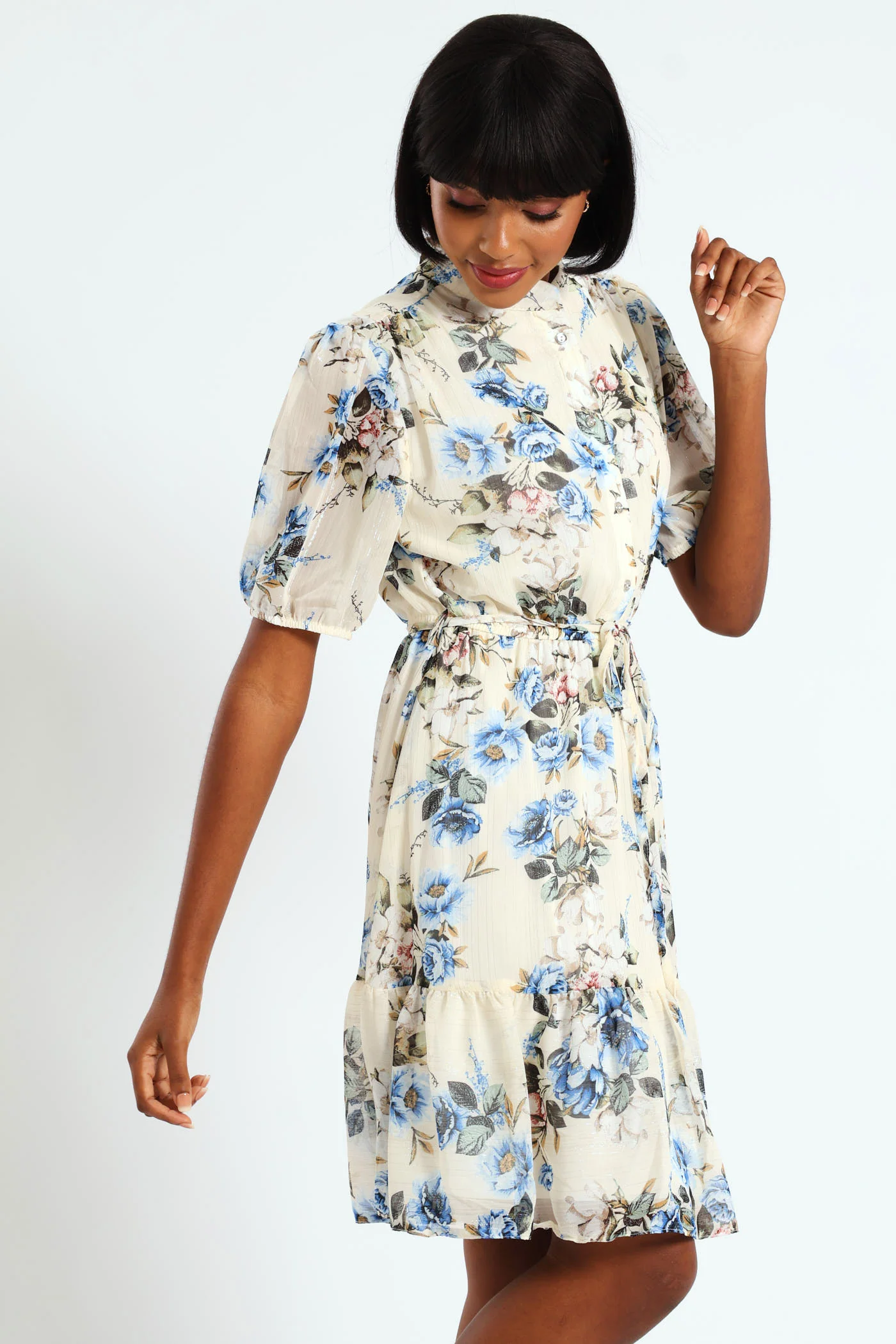Mandarin Collar 3/4 Sleeve Tea Dress - White/Blue - Image 3