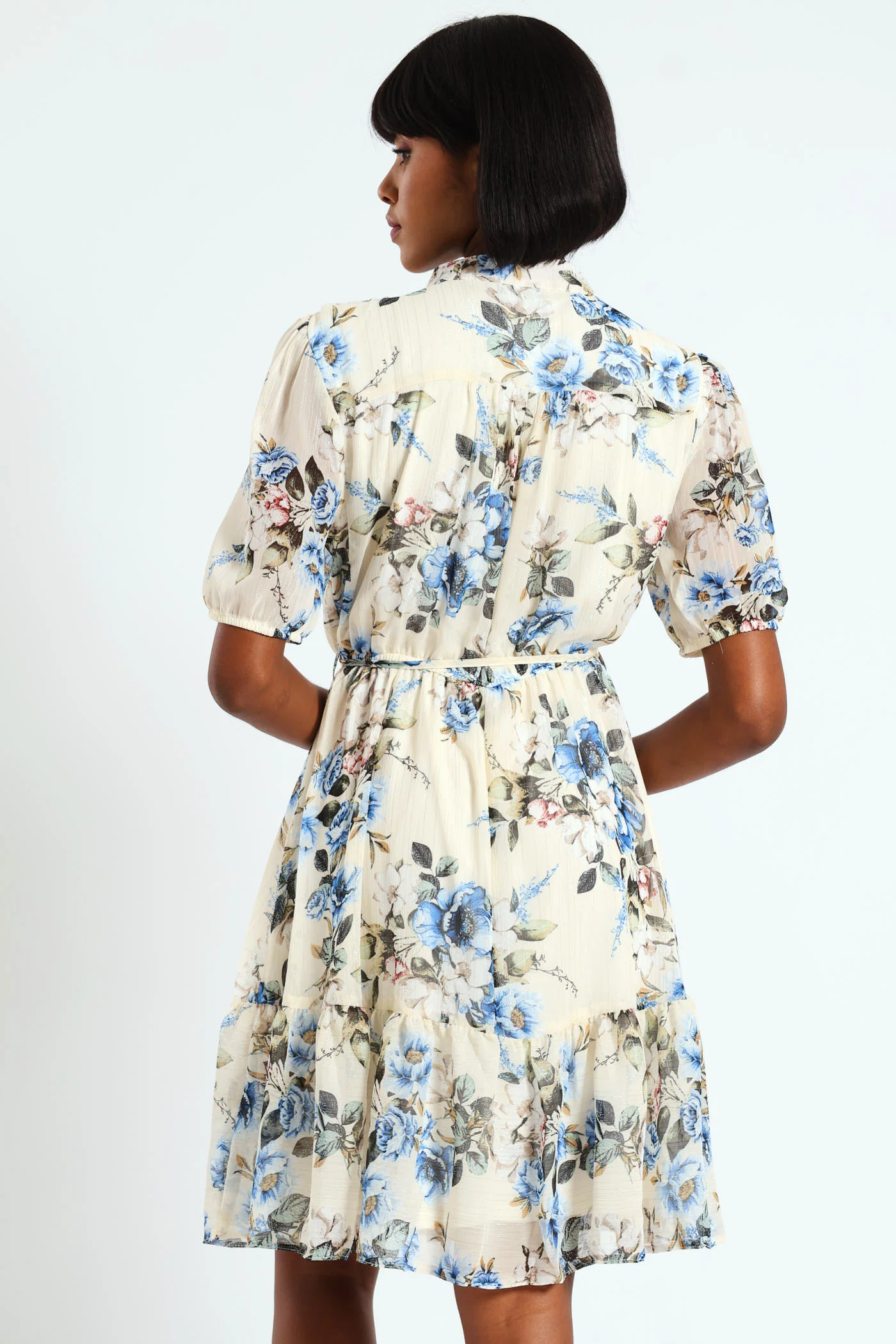 Mandarin Collar 3/4 Sleeve Tea Dress - White/Blue - Image 4