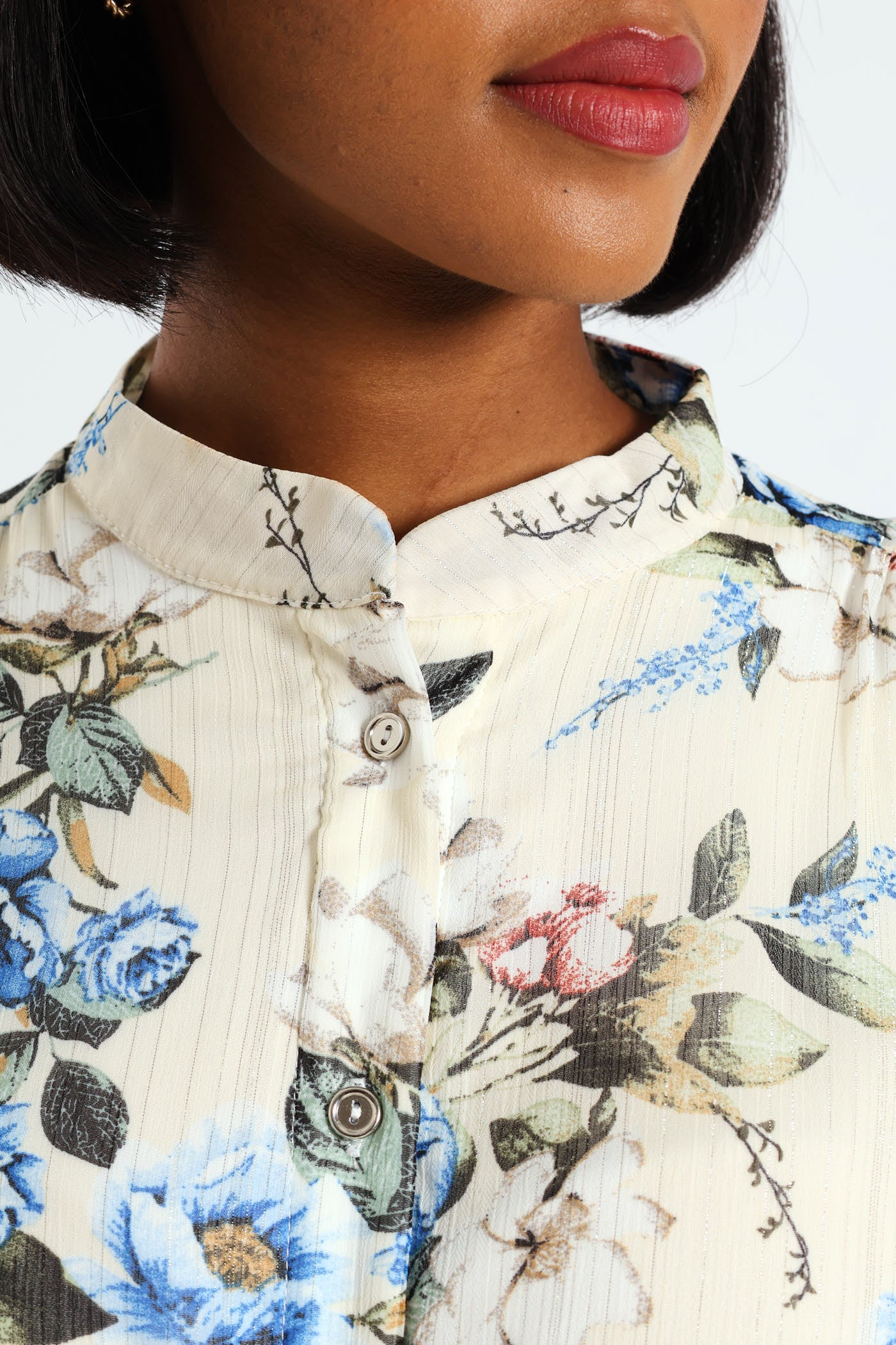 Mandarin Collar 3/4 Sleeve Tea Dress - White/Blue - Image 5