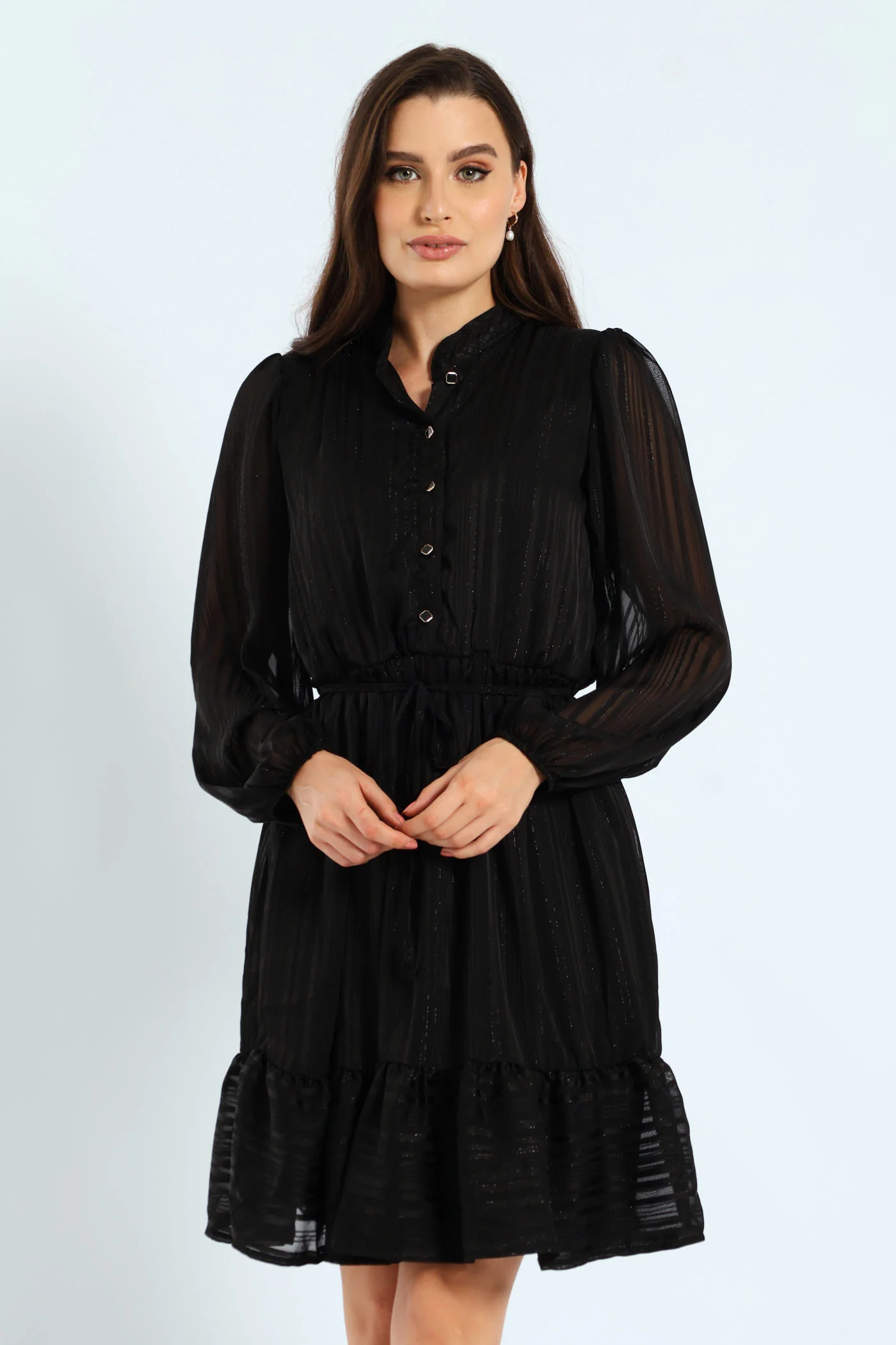 Mandarin Collar Frill Hem Tea Dress - Image 2