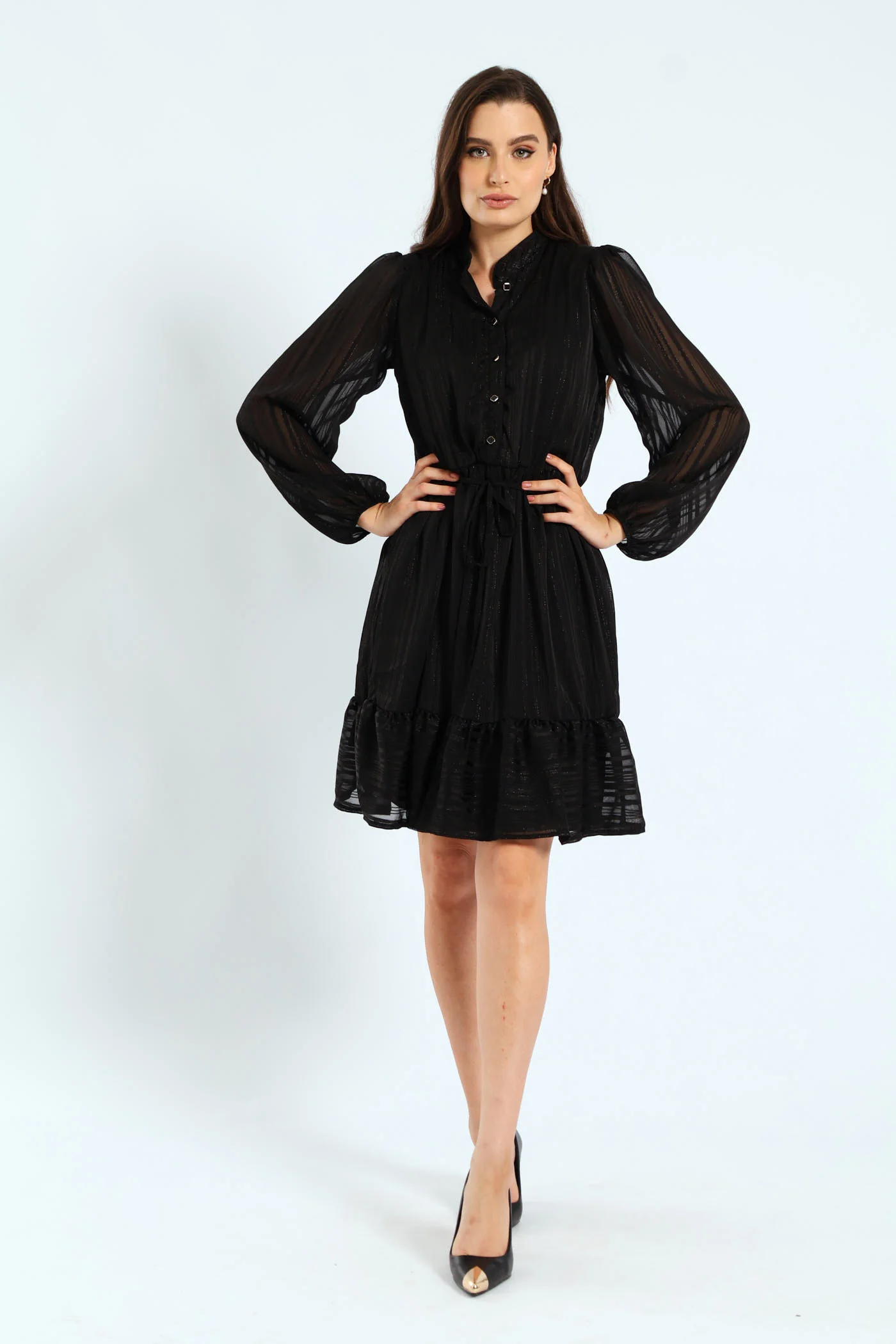 Mandarin Collar Frill Hem Tea Dress - Image 3