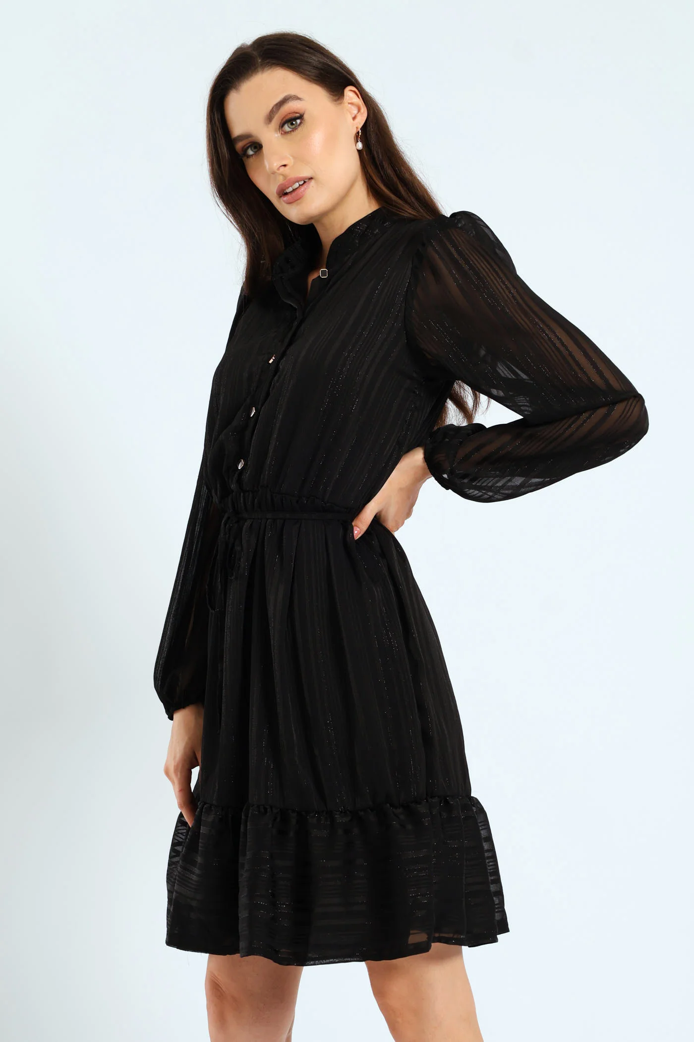 Mandarin Collar Frill Hem Tea Dress - Image 4