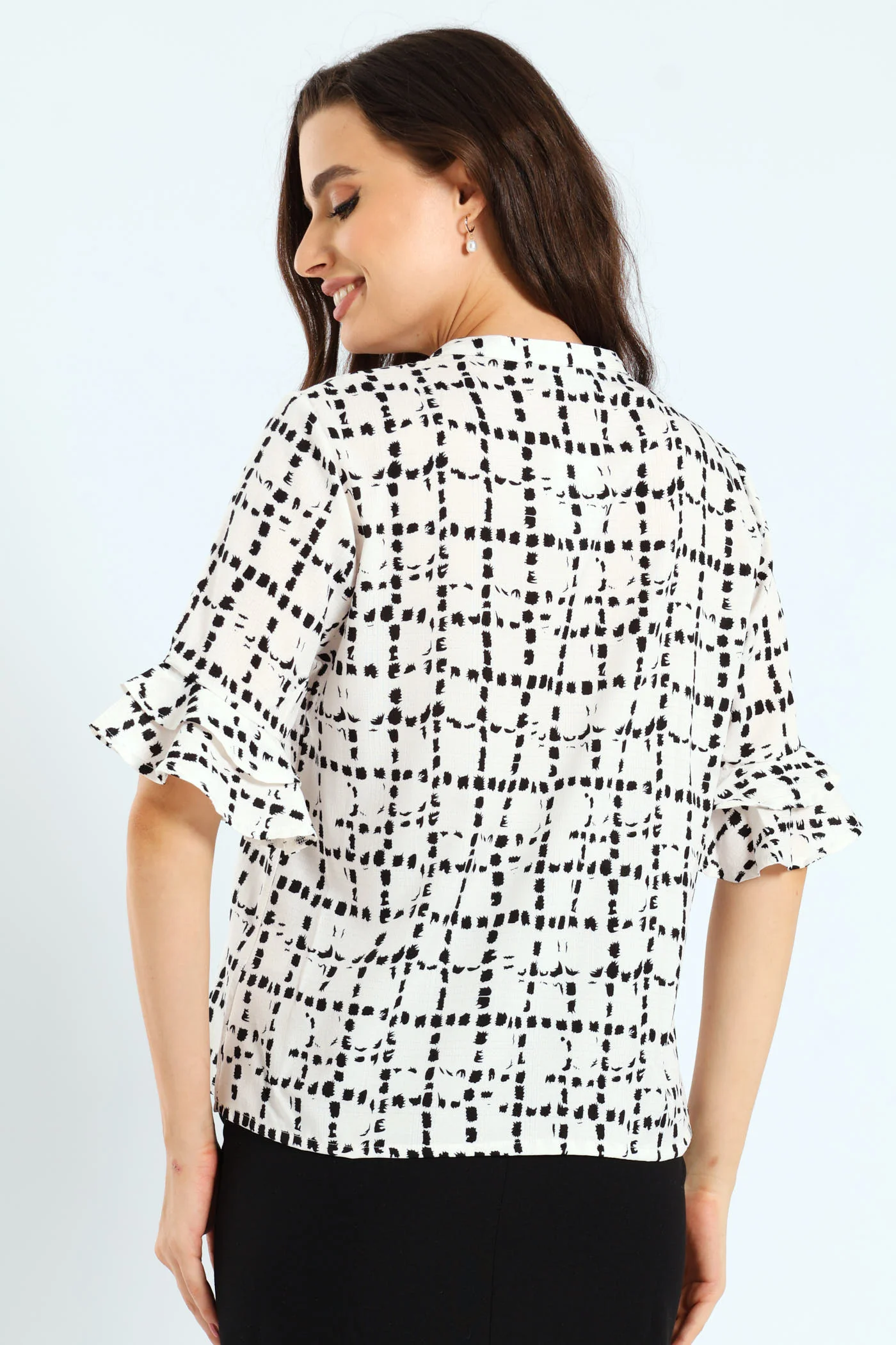 Mandarin Collar Frill Sleeve Blouse - Cream/Black - Image 3
