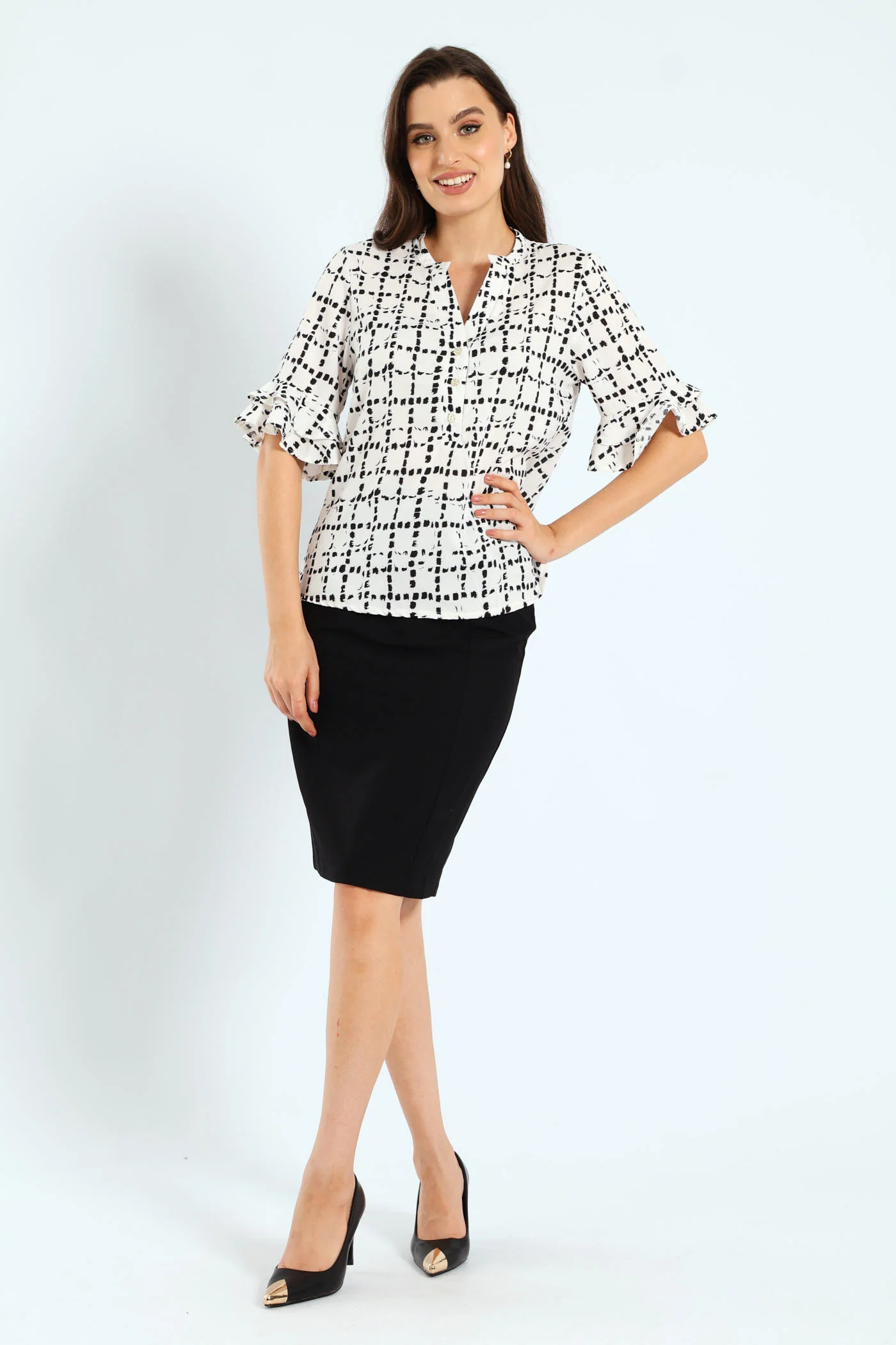 Mandarin Collar Frill Sleeve Blouse - Cream/Black - Image 4