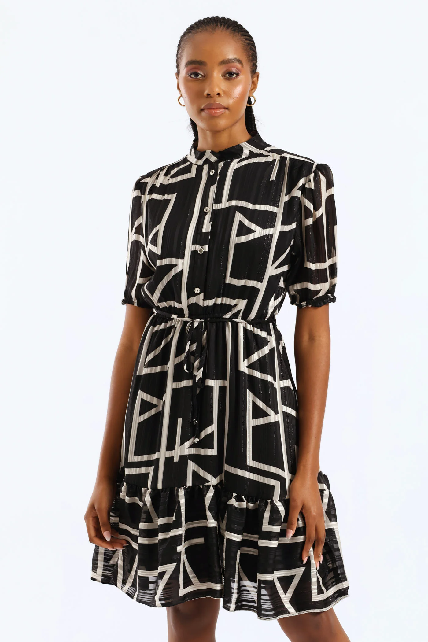 Mandarin Collar Monochrome Tea Dress - Black/White - Image 4