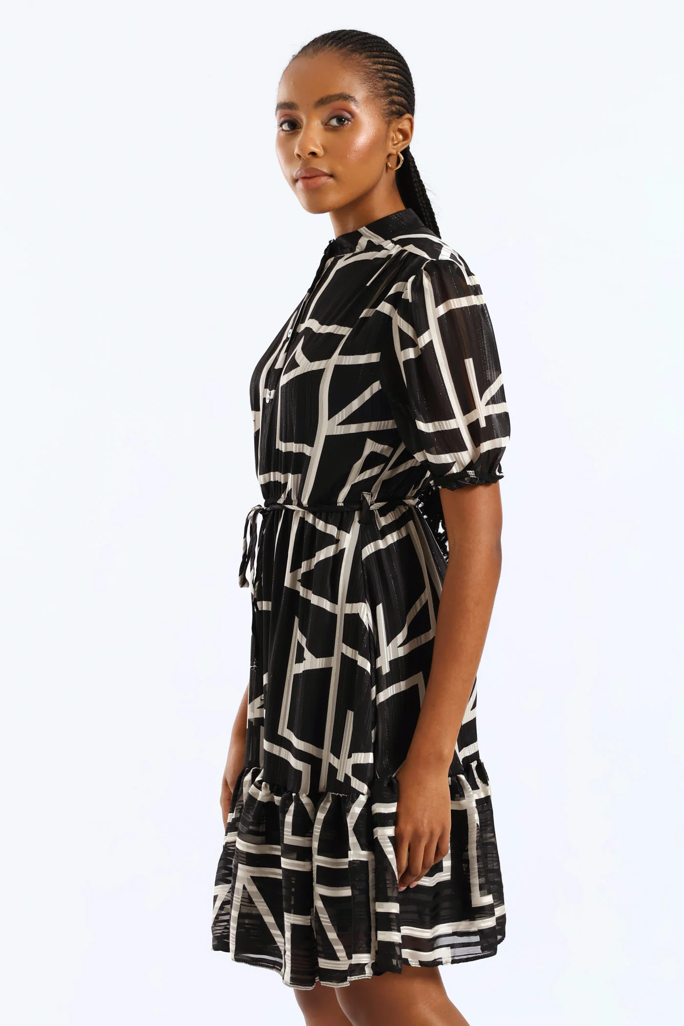 Mandarin Collar Monochrome Tea Dress - Black/White - Image 5