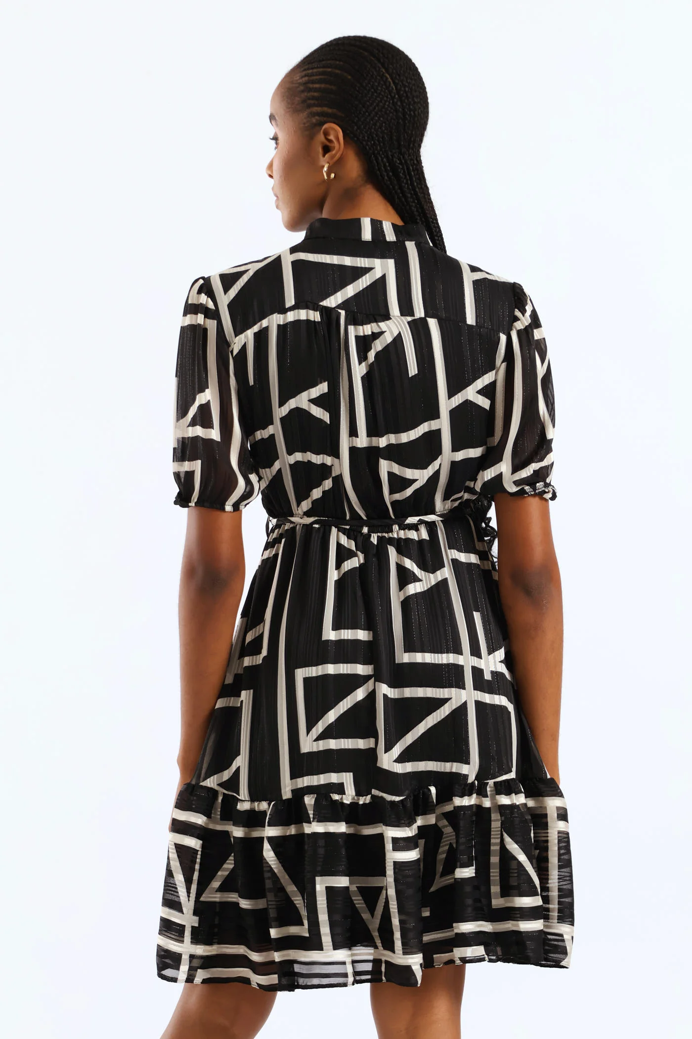 Mandarin Collar Monochrome Tea Dress - Black/White - Image 6
