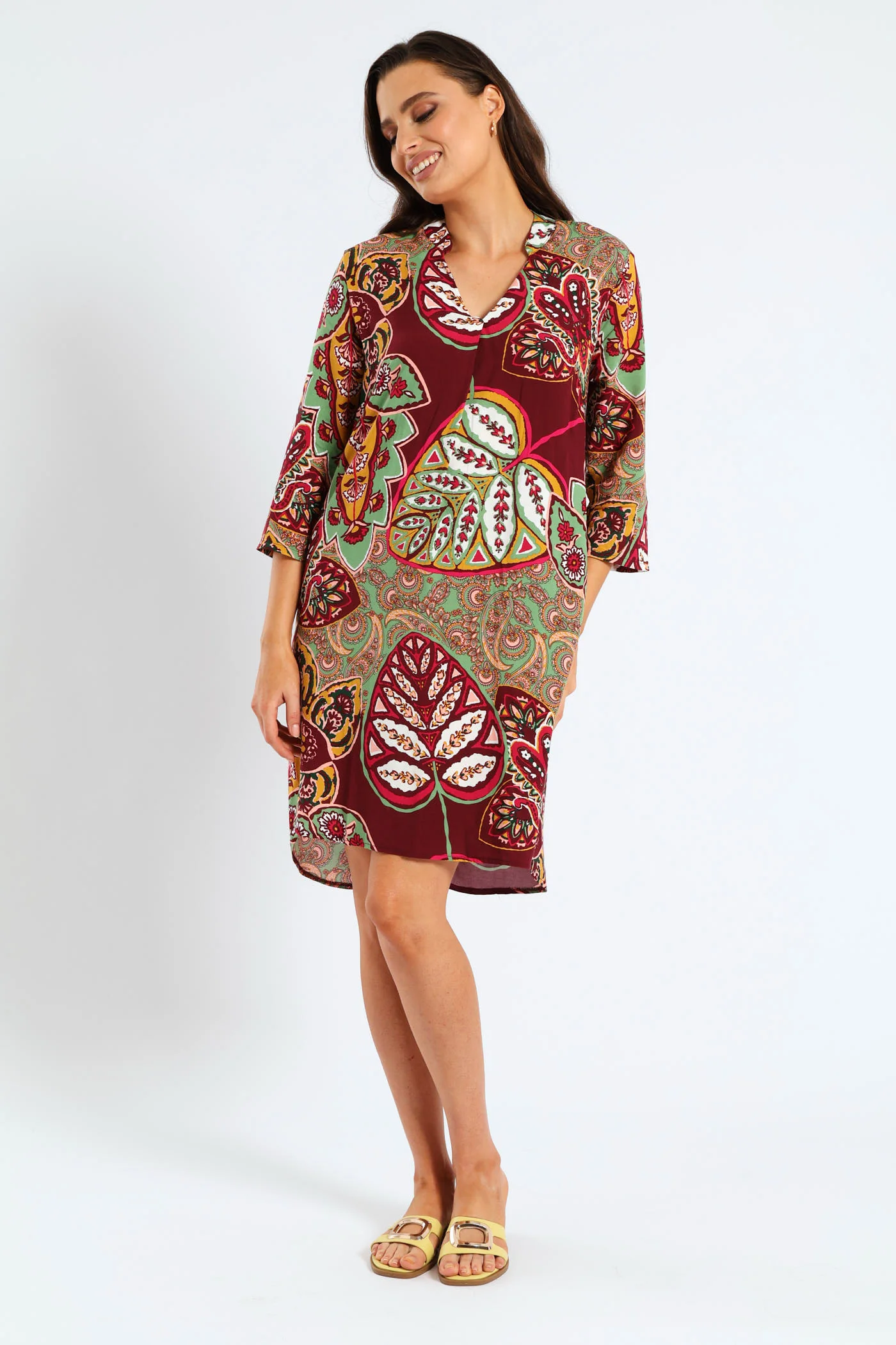 Mandarin Collar Pleat Front Printed Shift Dress - Multi - Image 3