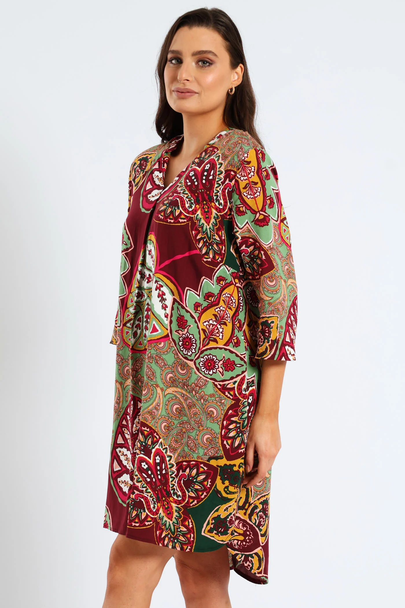 Mandarin Collar Pleat Front Printed Shift Dress - Multi - Image 4
