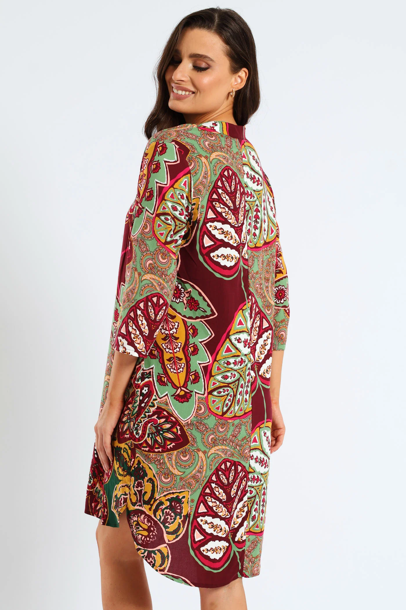 Mandarin Collar Pleat Front Printed Shift Dress - Multi - Image 5