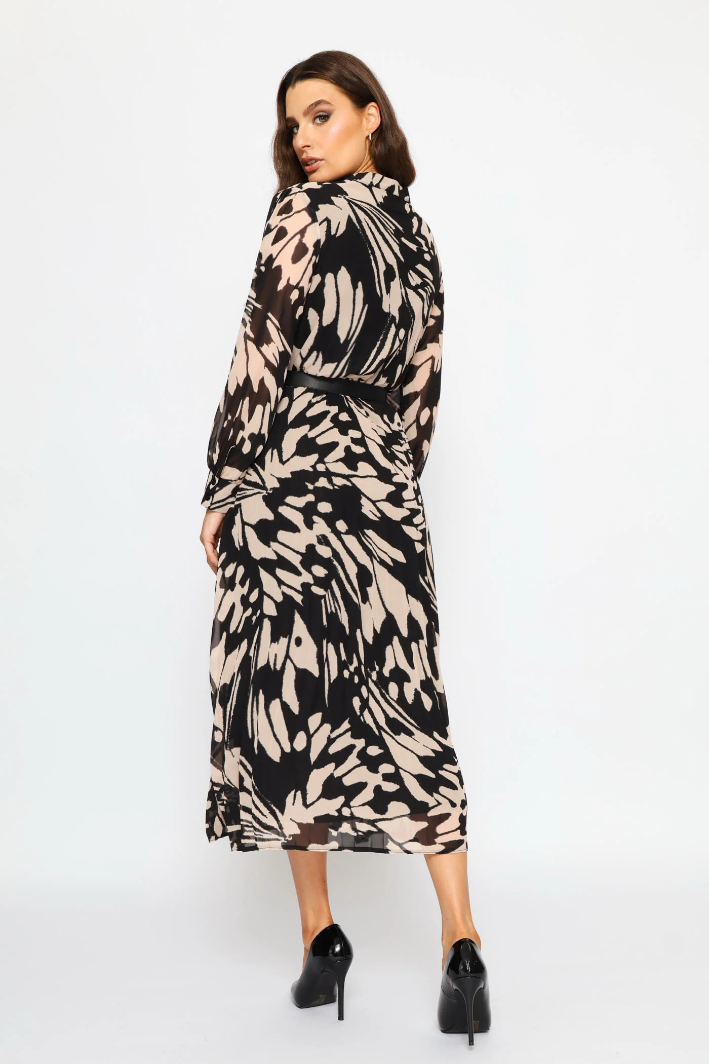 Mandarin Collar Pleated Maxi Dress - Black - Image 3
