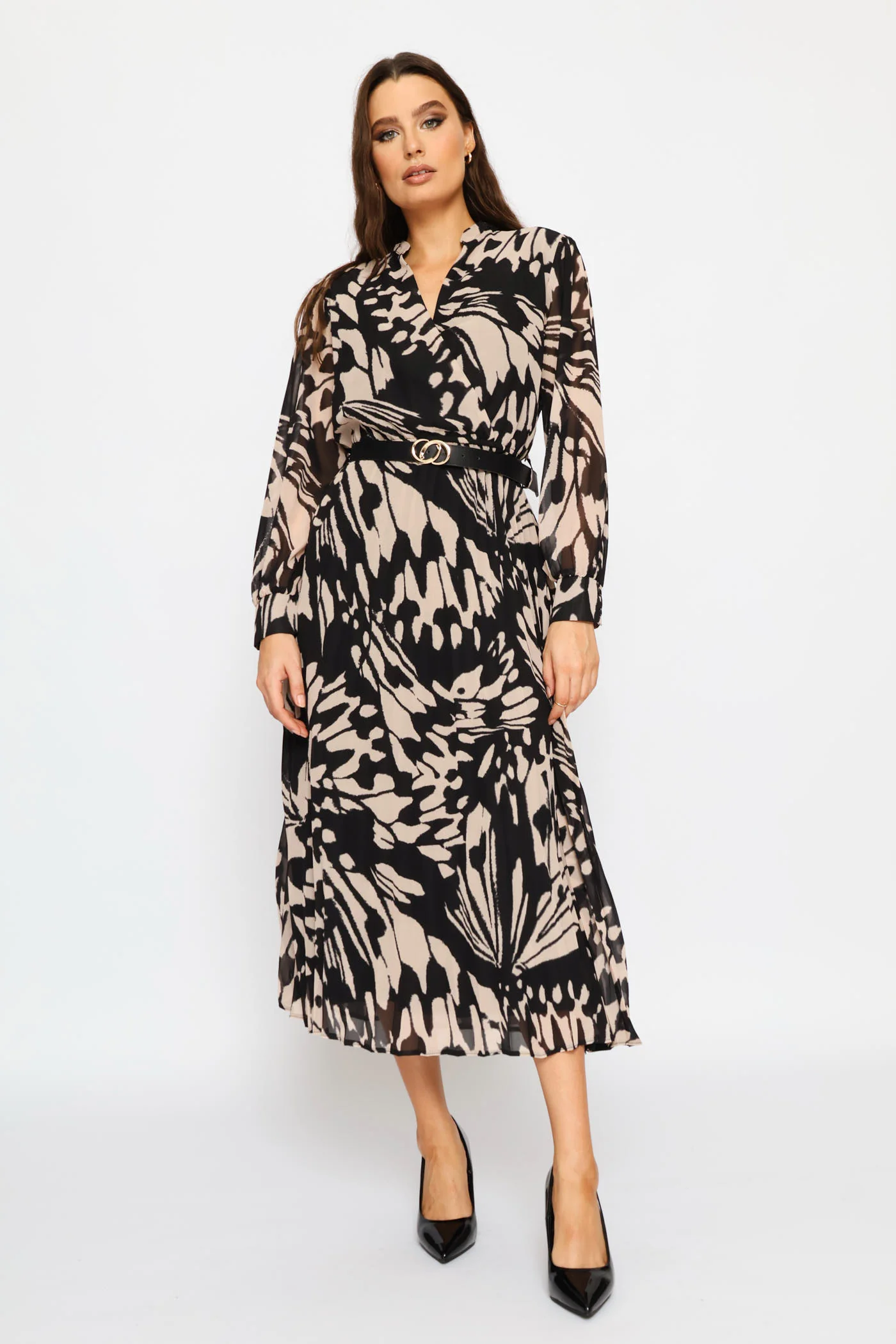 Mandarin Collar Pleated Maxi Dress - Black - Image 4