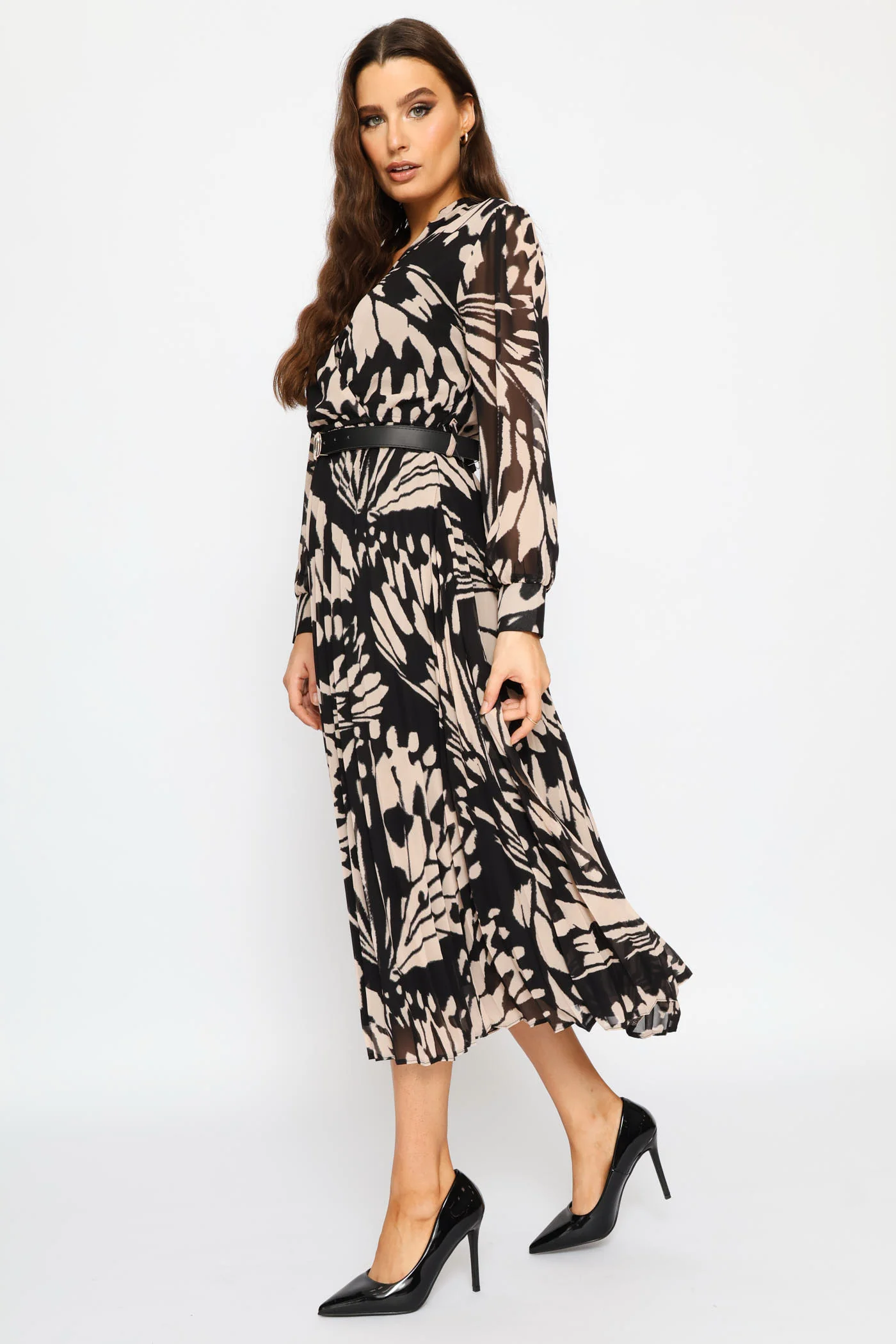 Mandarin Collar Pleated Maxi Dress - Black - Image 5