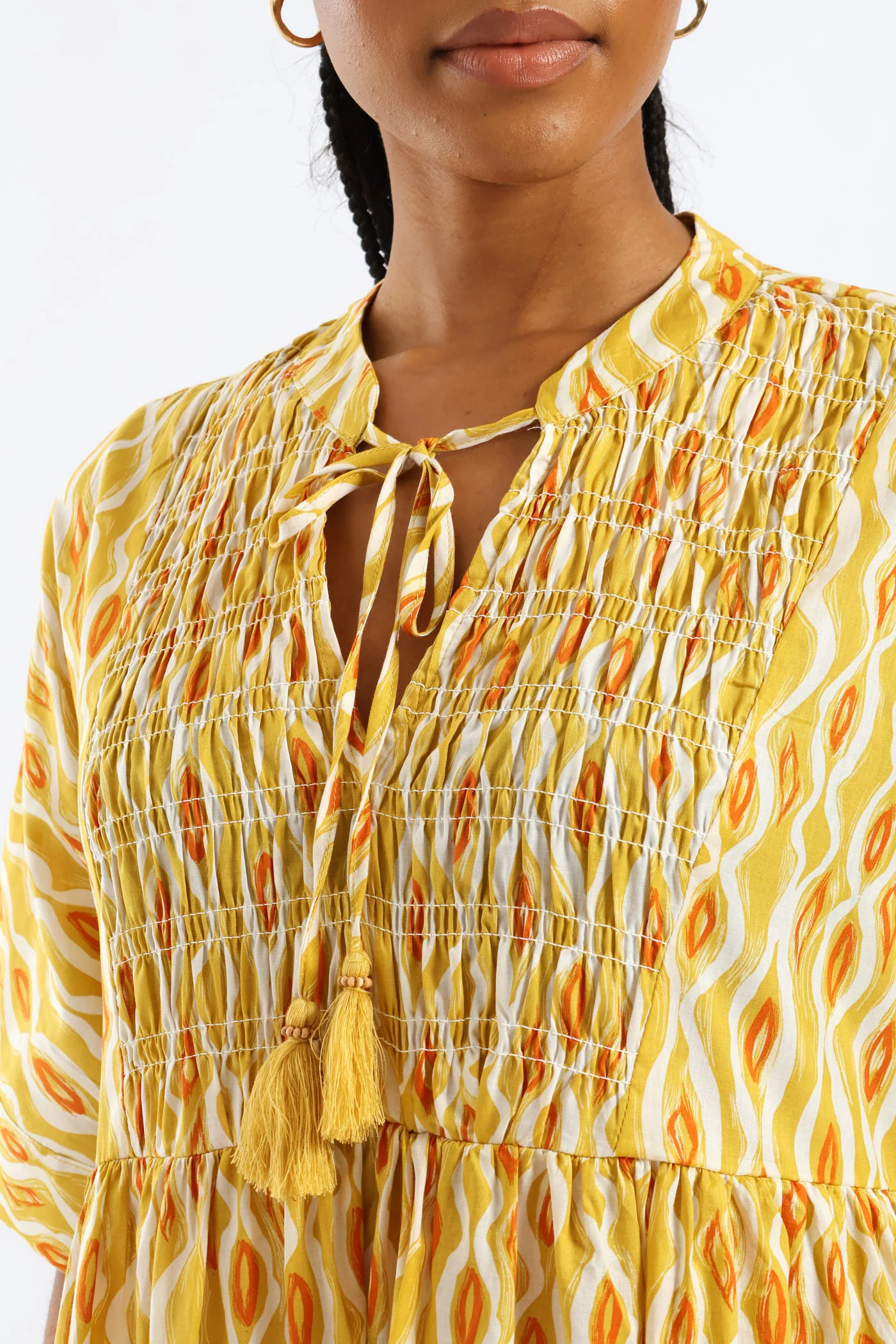 Mandarin Collar Shirred Bib Midi Dress - Ochre - Image 2