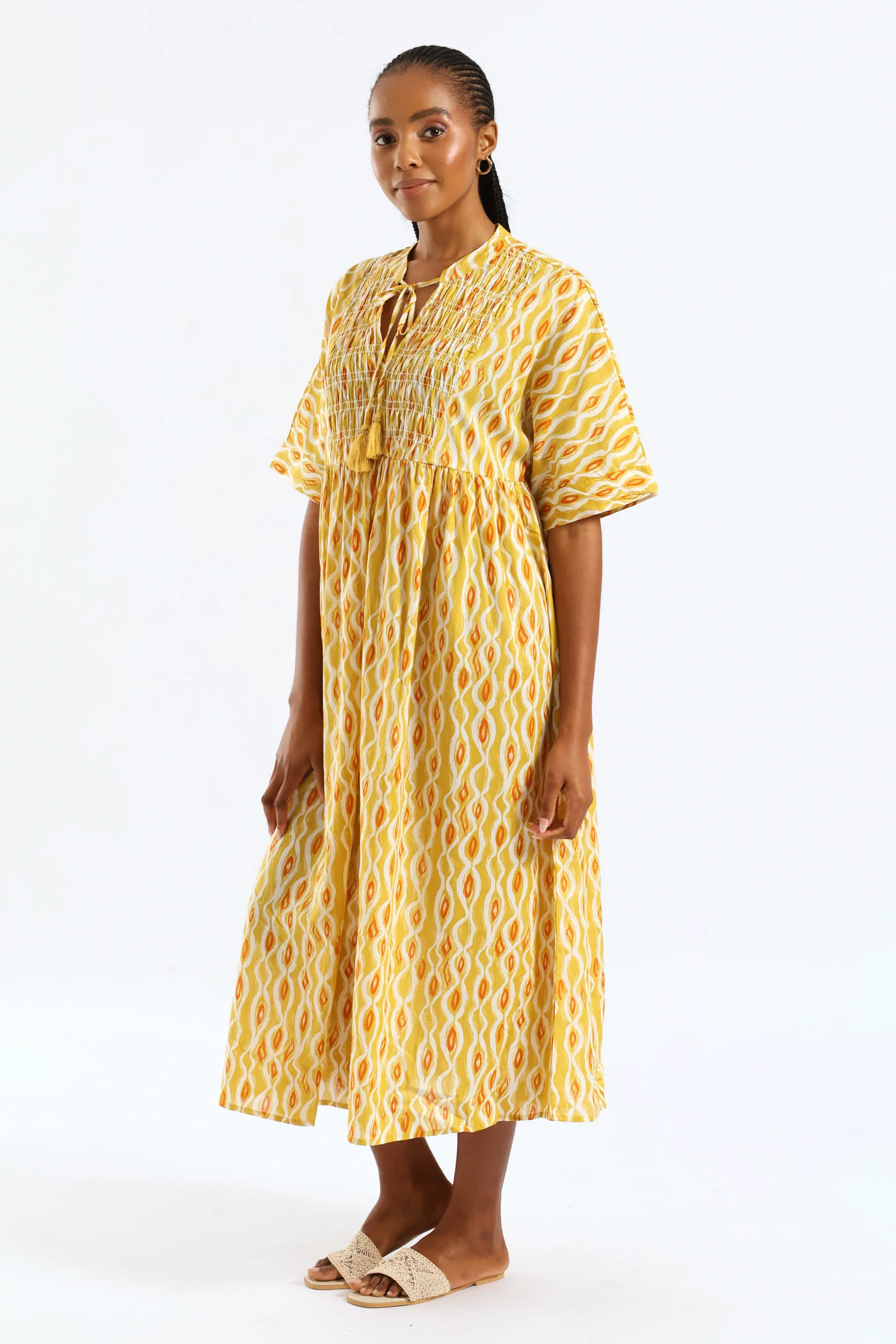 Mandarin Collar Shirred Bib Midi Dress - Ochre - Image 3