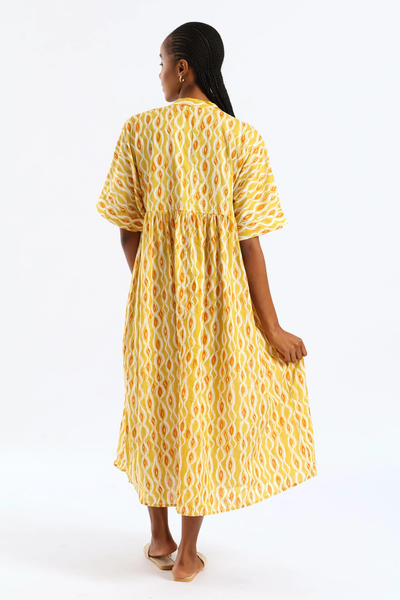 Mandarin Collar Shirred Bib Midi Dress - Ochre - Image 4