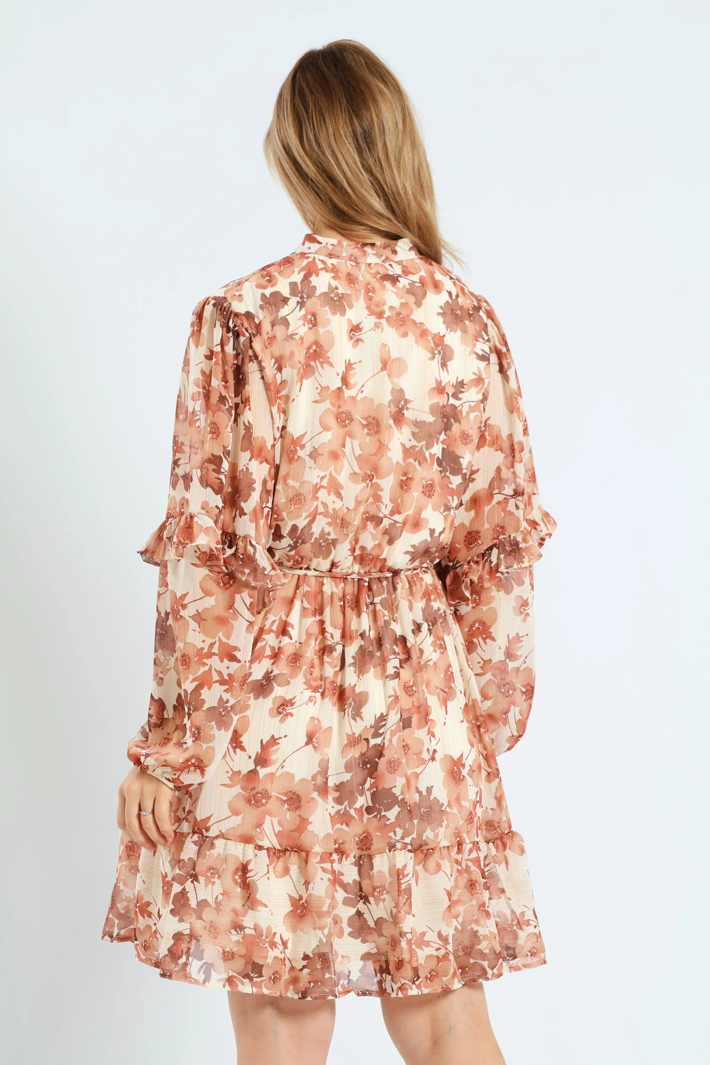 Mandarin Collar Tiered Frill Tea Dress - Cream - Image 4