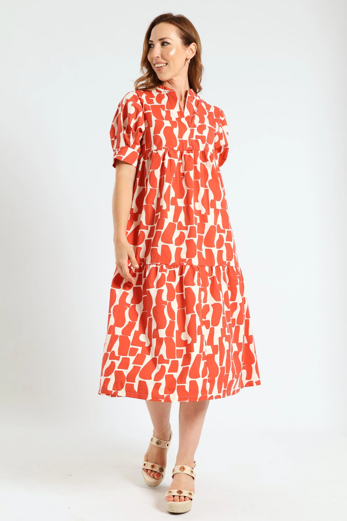 Mandarin Collar Tiered Midaxi Dress - Orange - Image 4