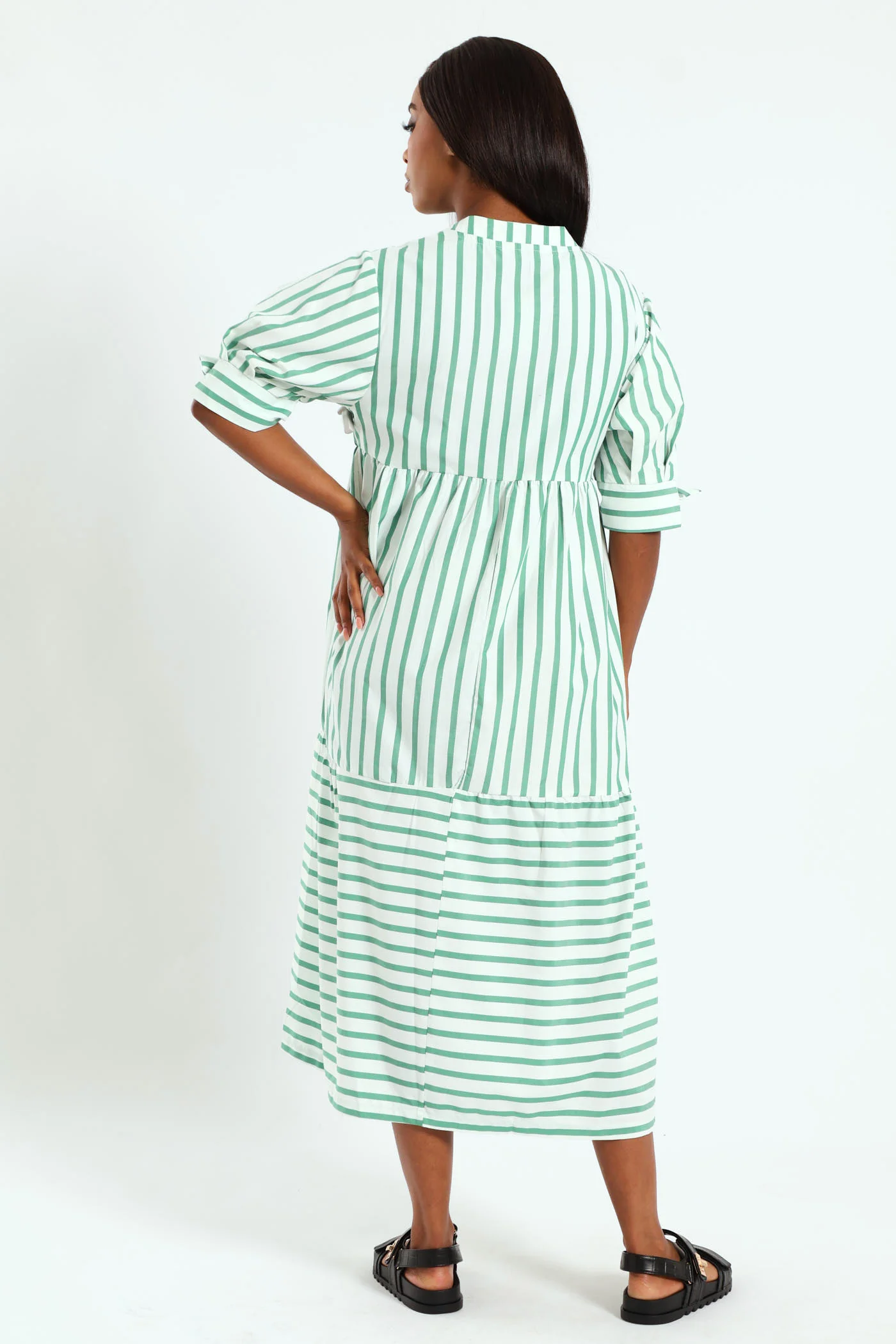 Mandarin Collar Tiered Midaxi Dress - White/Cabbage - Image 3