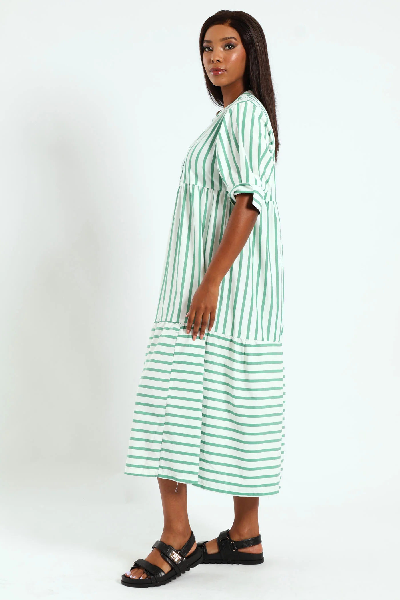 Mandarin Collar Tiered Midaxi Dress - White/Cabbage - Image 4