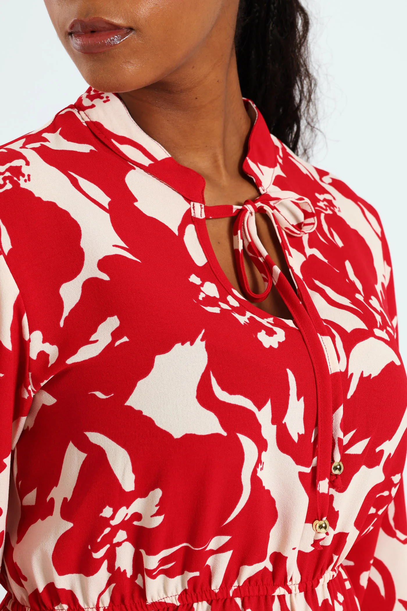 Mandarin Collar Waisted Tiered Mini Dress With Tie Front - White/Red - Image 2