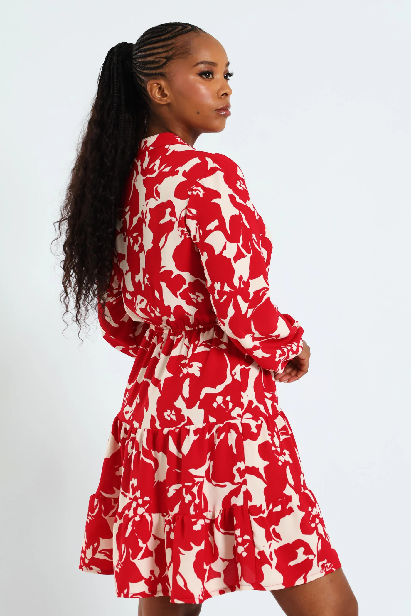 Mandarin Collar Waisted Tiered Mini Dress With Tie Front - White/Red - Image 3