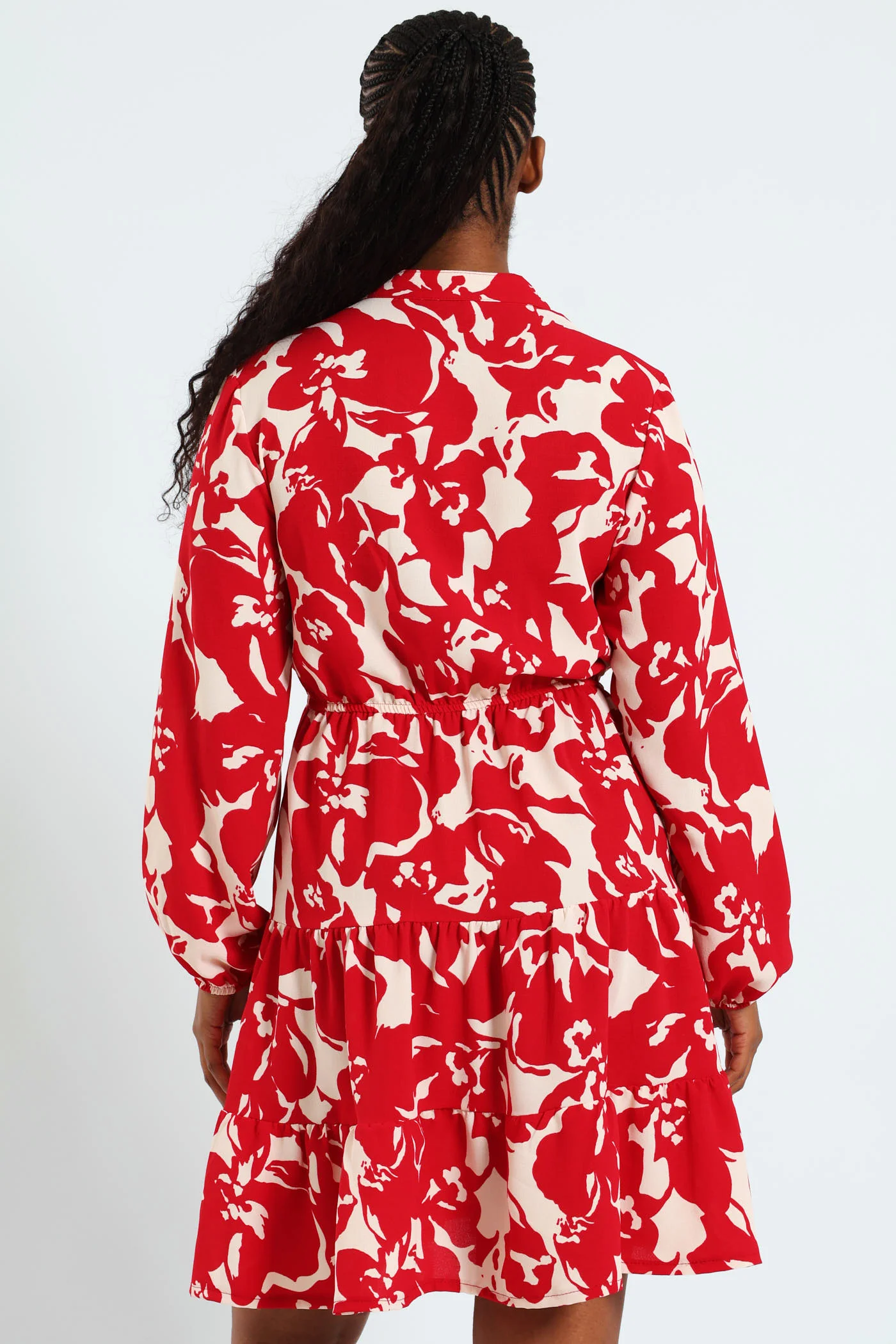 Mandarin Collar Waisted Tiered Mini Dress With Tie Front - White/Red - Image 4