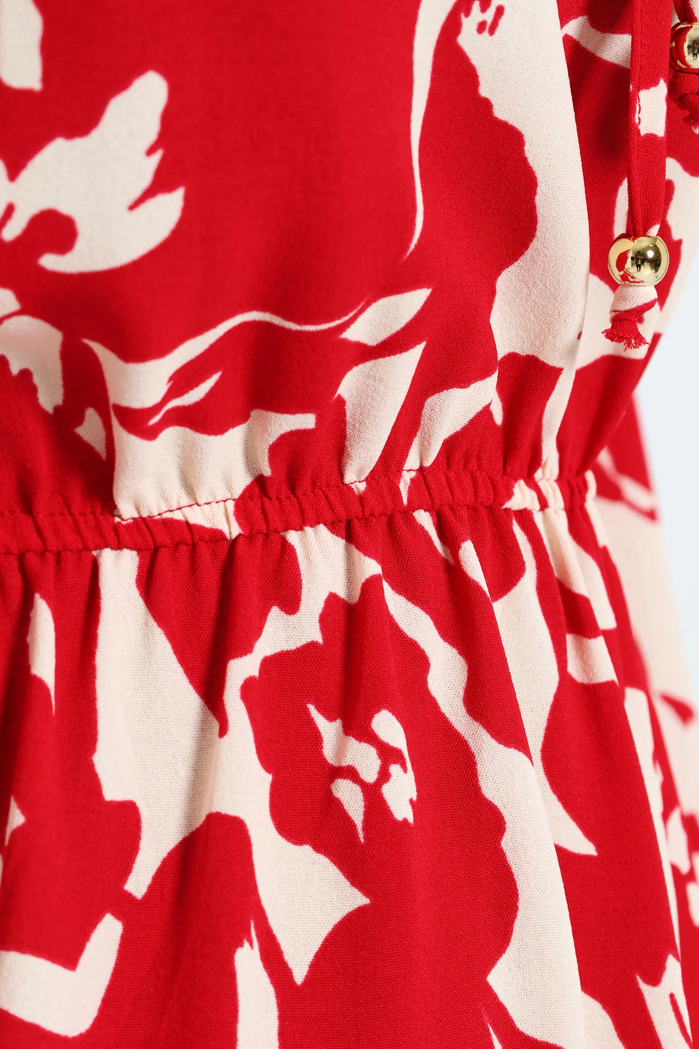 Mandarin Collar Waisted Tiered Mini Dress With Tie Front - White/Red - Image 5
