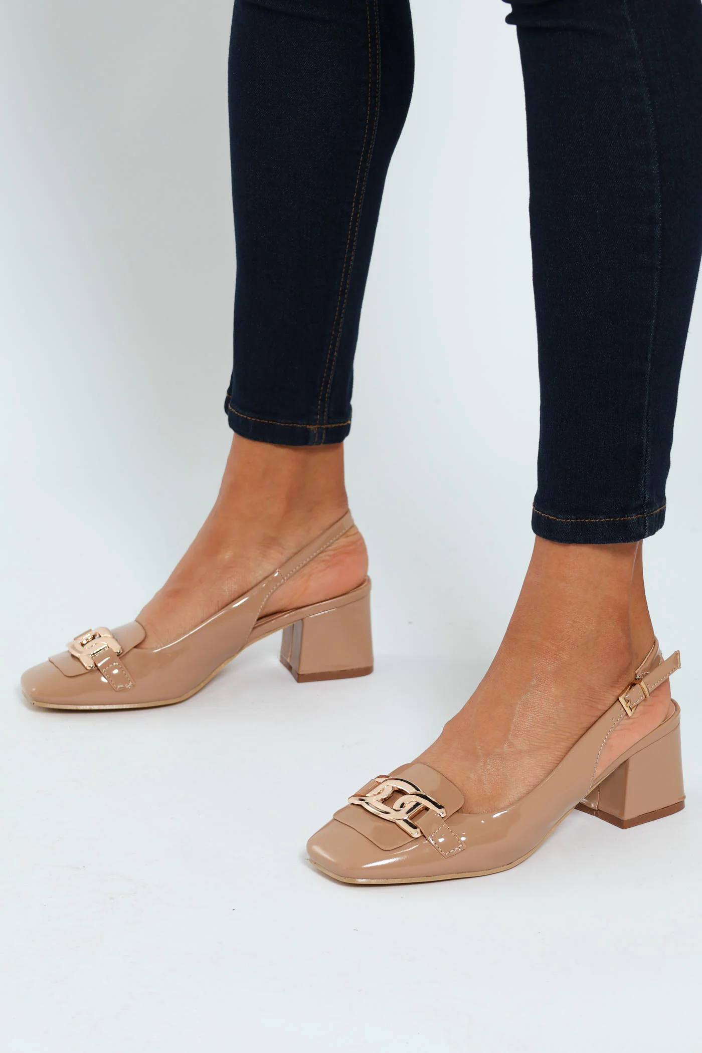Mary Jane Block Heel With Metal Bar Trim - Taupe - Image 3