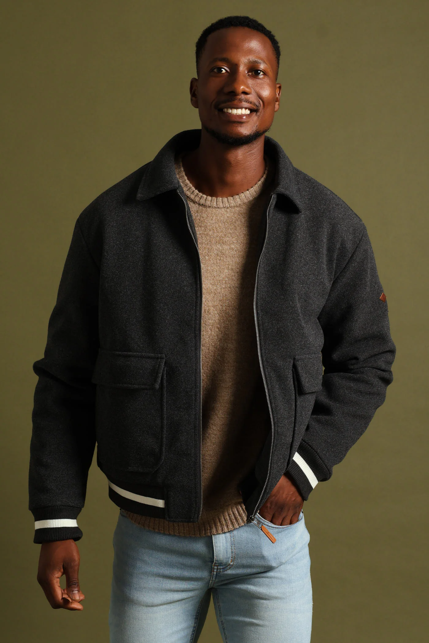 Melton Bomber Jacket - Charcoal - Image 3