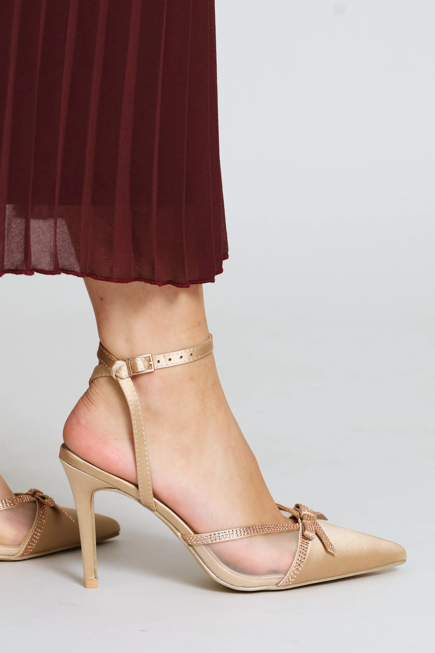 Mesh & Diamante Ankle Strap Mule Heel - Champagne - Image 2