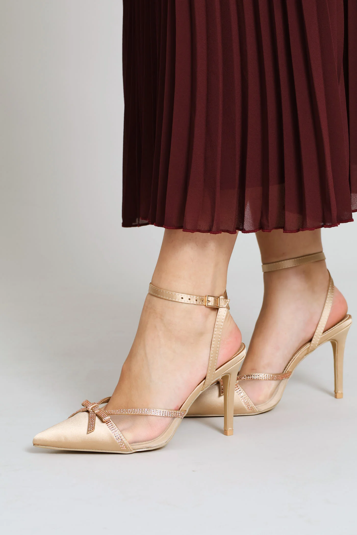Mesh & Diamante Ankle Strap Mule Heel - Champagne - Image 3