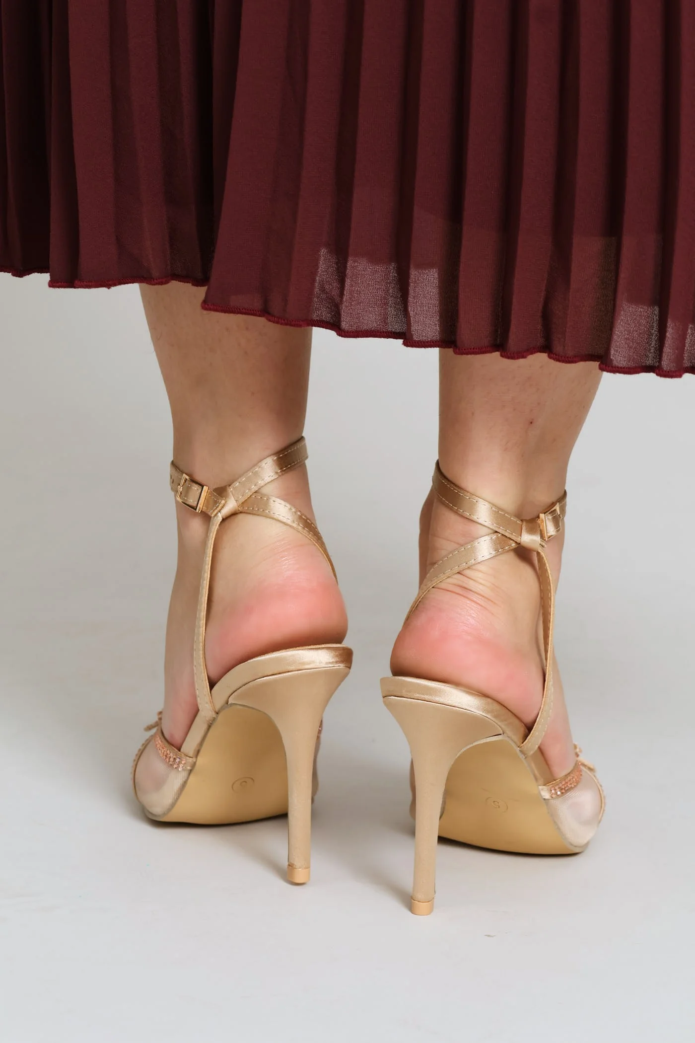 Mesh & Diamante Ankle Strap Mule Heel - Champagne - Image 4