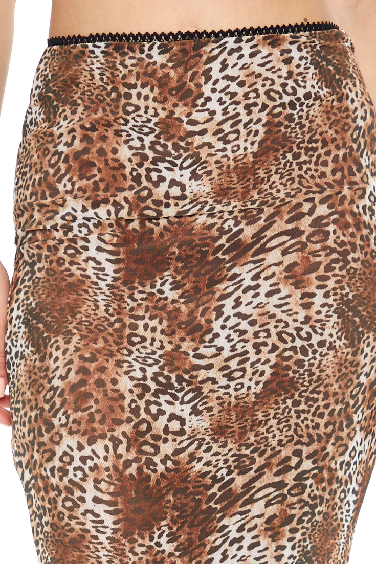 Mesh Leopard Print Midi Skirt - Brown - Image 5