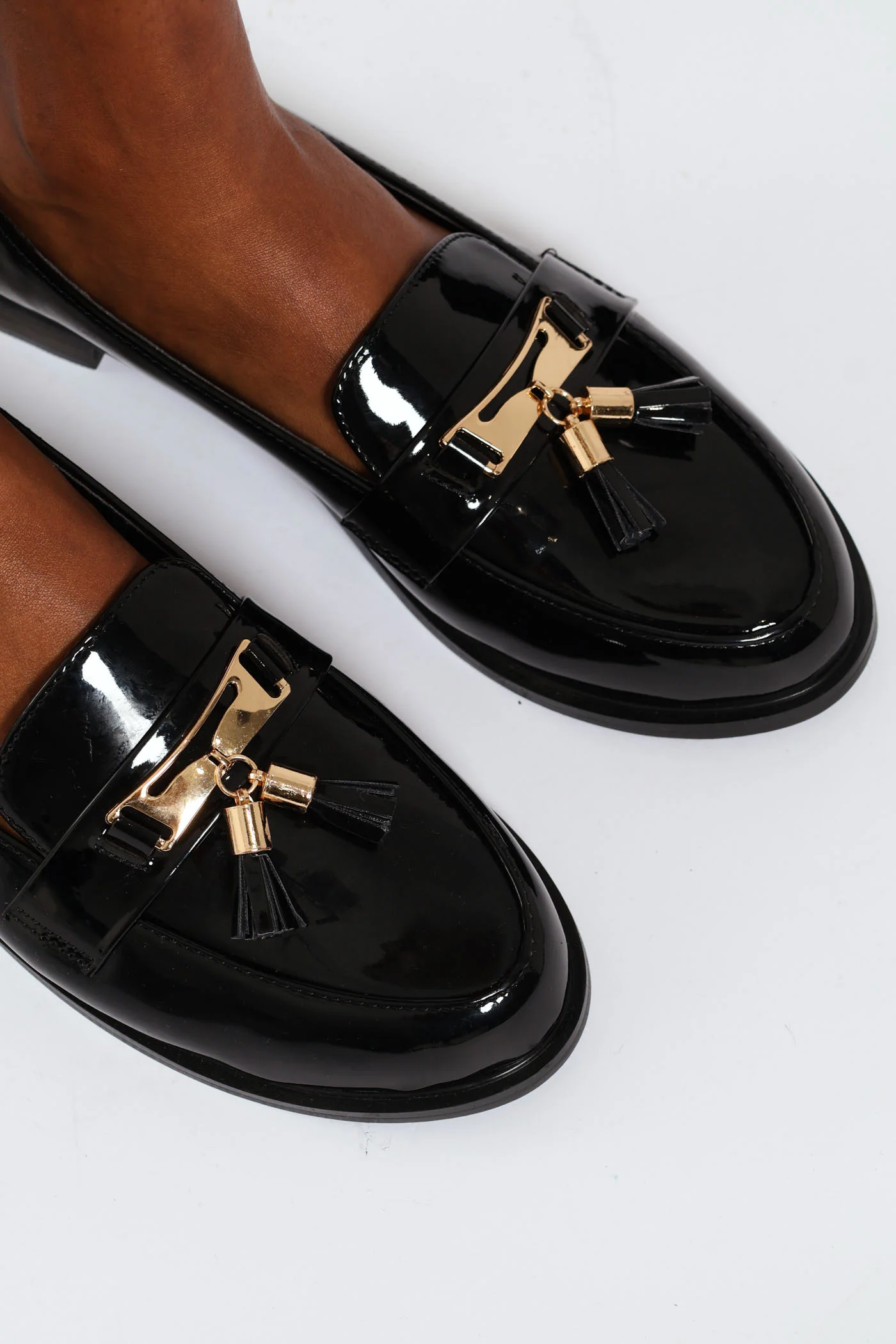 Metal Bar & Tassel Smart Patent Loafer - Black - Image 2