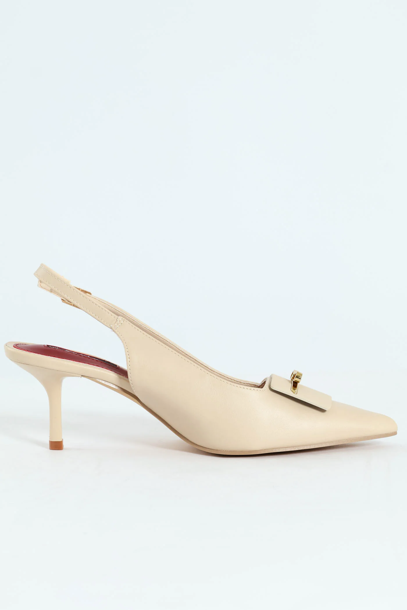 Metal Trim Apron Slingback Kitten Heel - Off White - Image 2