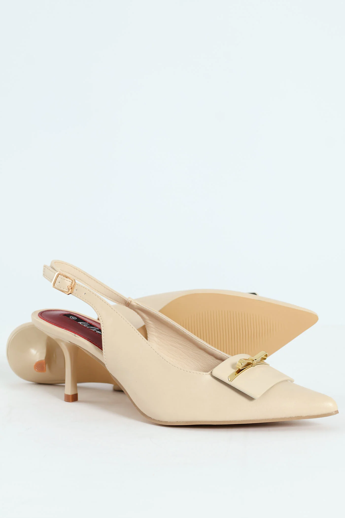 Metal Trim Apron Slingback Kitten Heel - Off White - Image 4