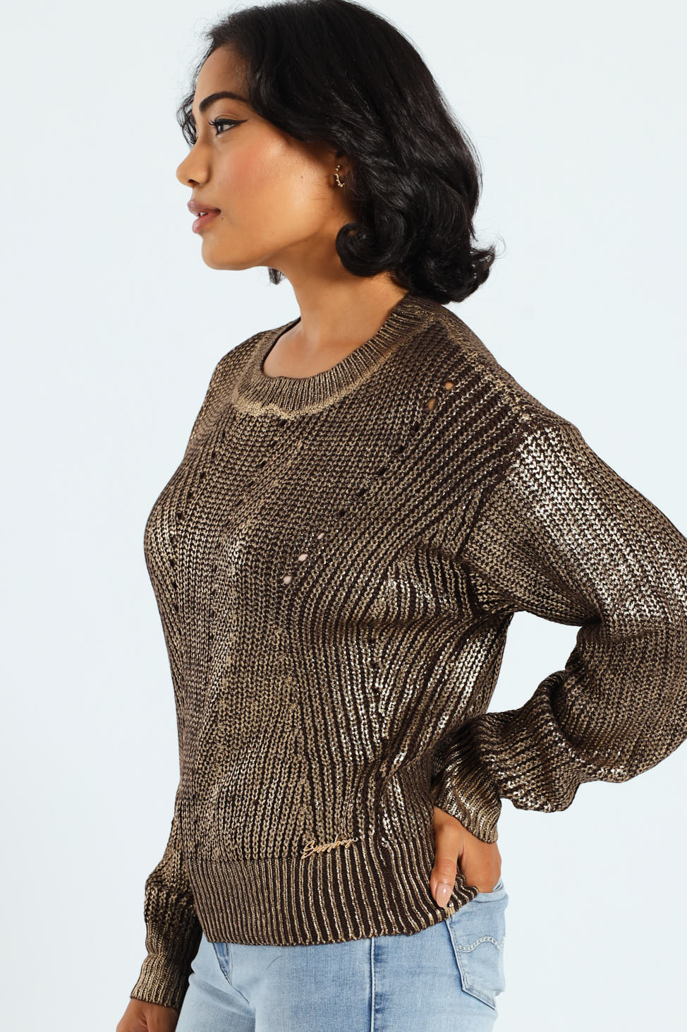 Metallic Knit Sweater - Gold - Image 2