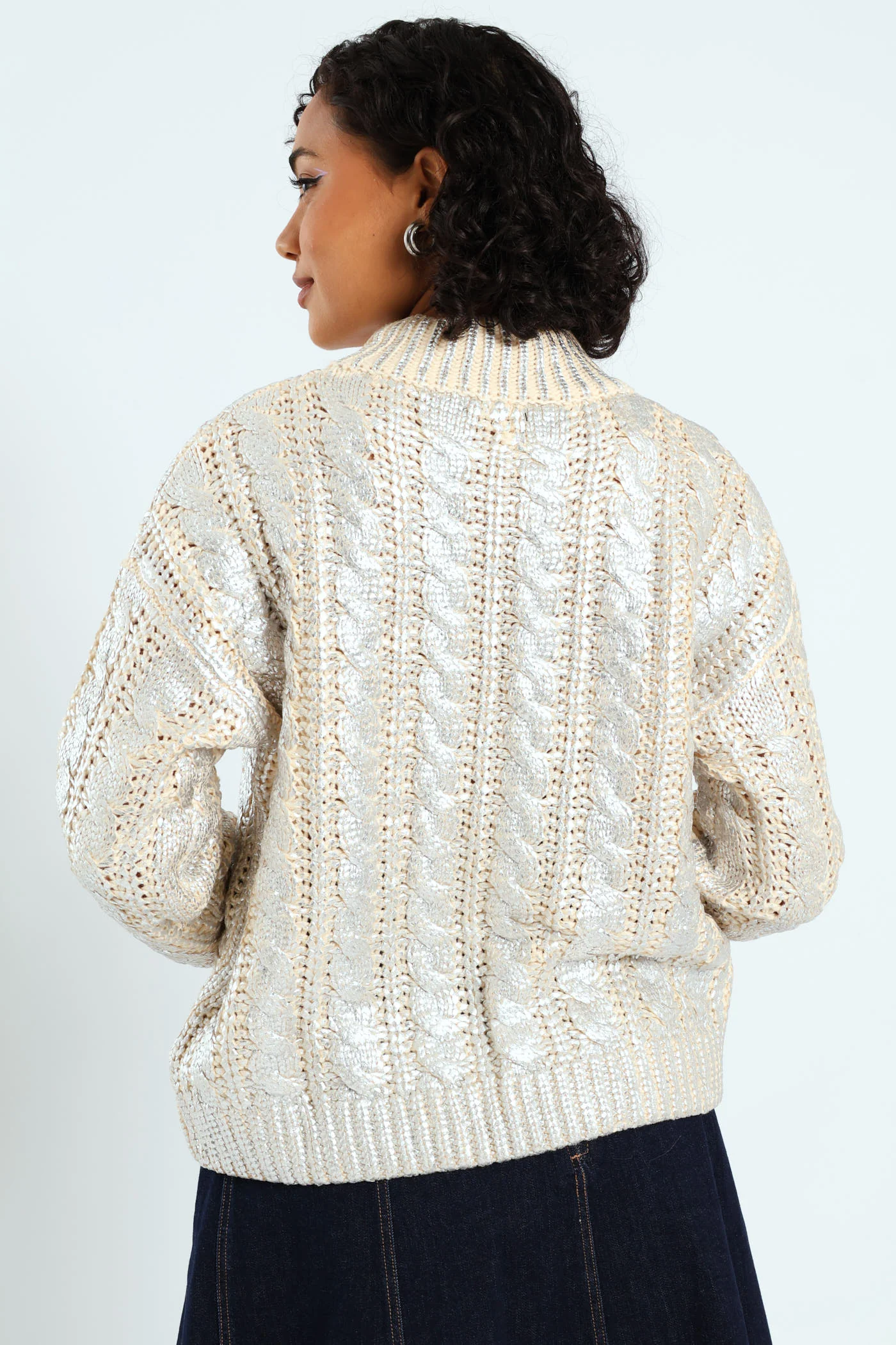 Metallic Polo Neck Knit Sweater - Silver - Image 3