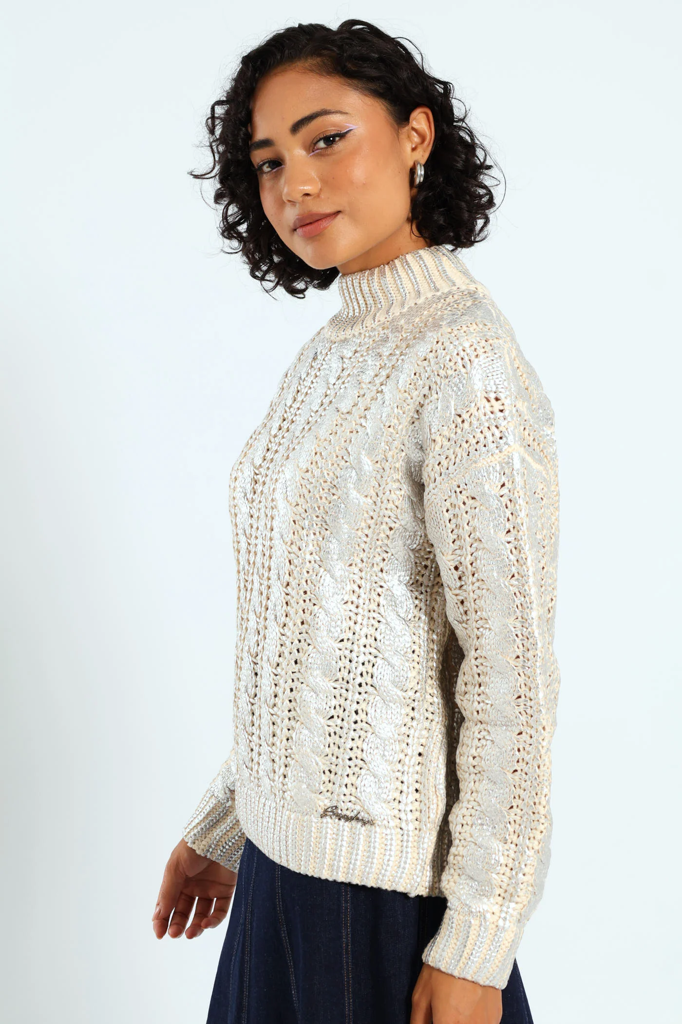 Metallic Polo Neck Knit Sweater - Silver - Image 4