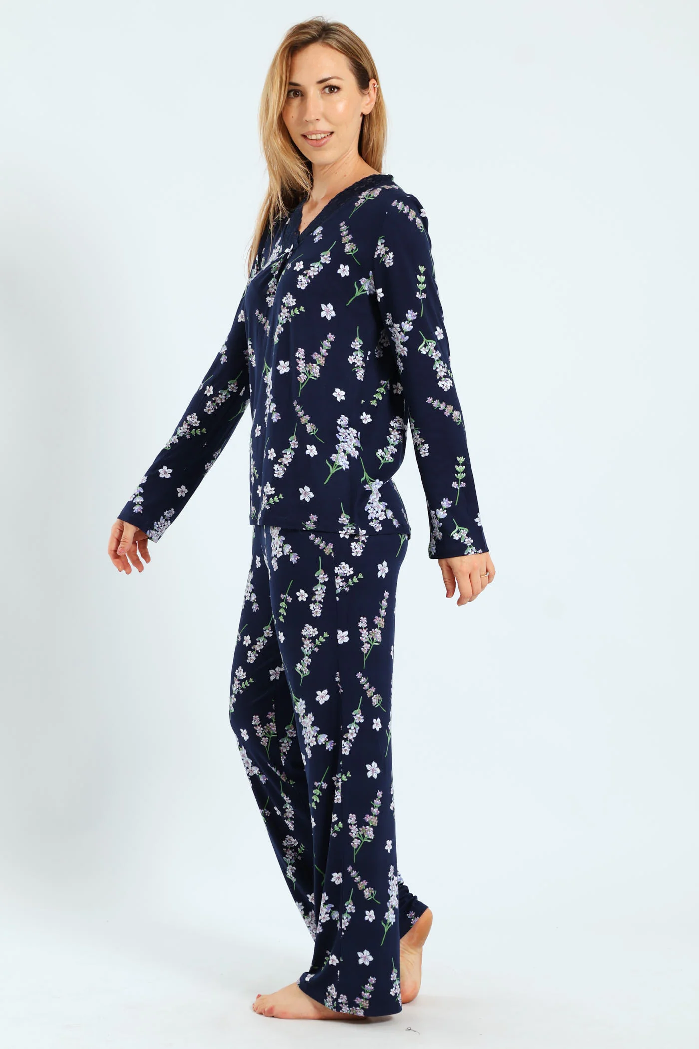 Soft Touch Lace Detail Top & Pants Set - Navy - Image 3