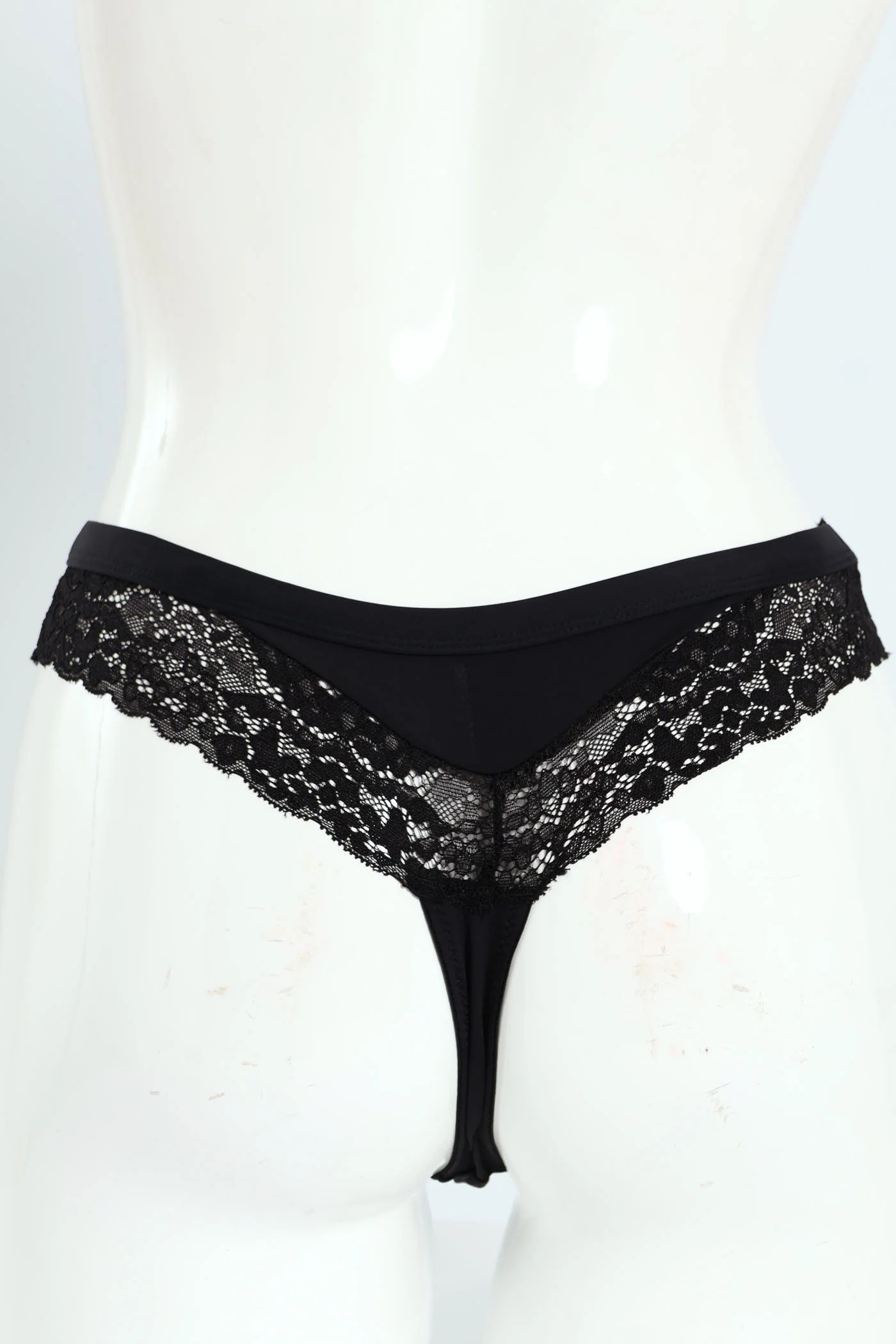 Micro Fibre Lace Thong - Black - Image 2