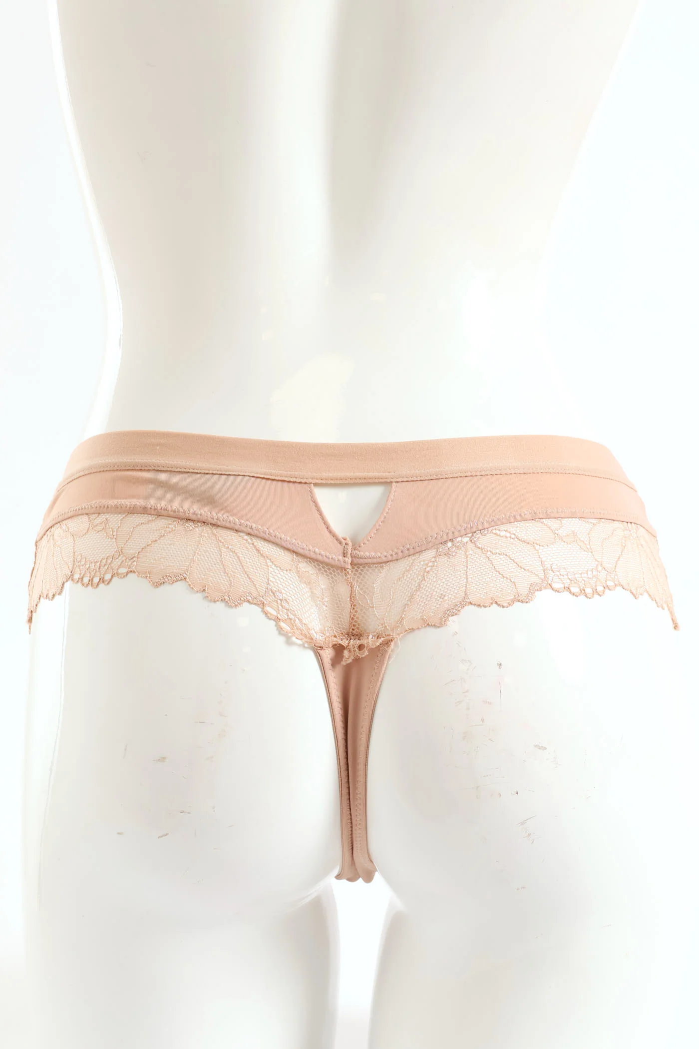 Microfibre & Lace Inset Thong Panty - Nude - Image 3