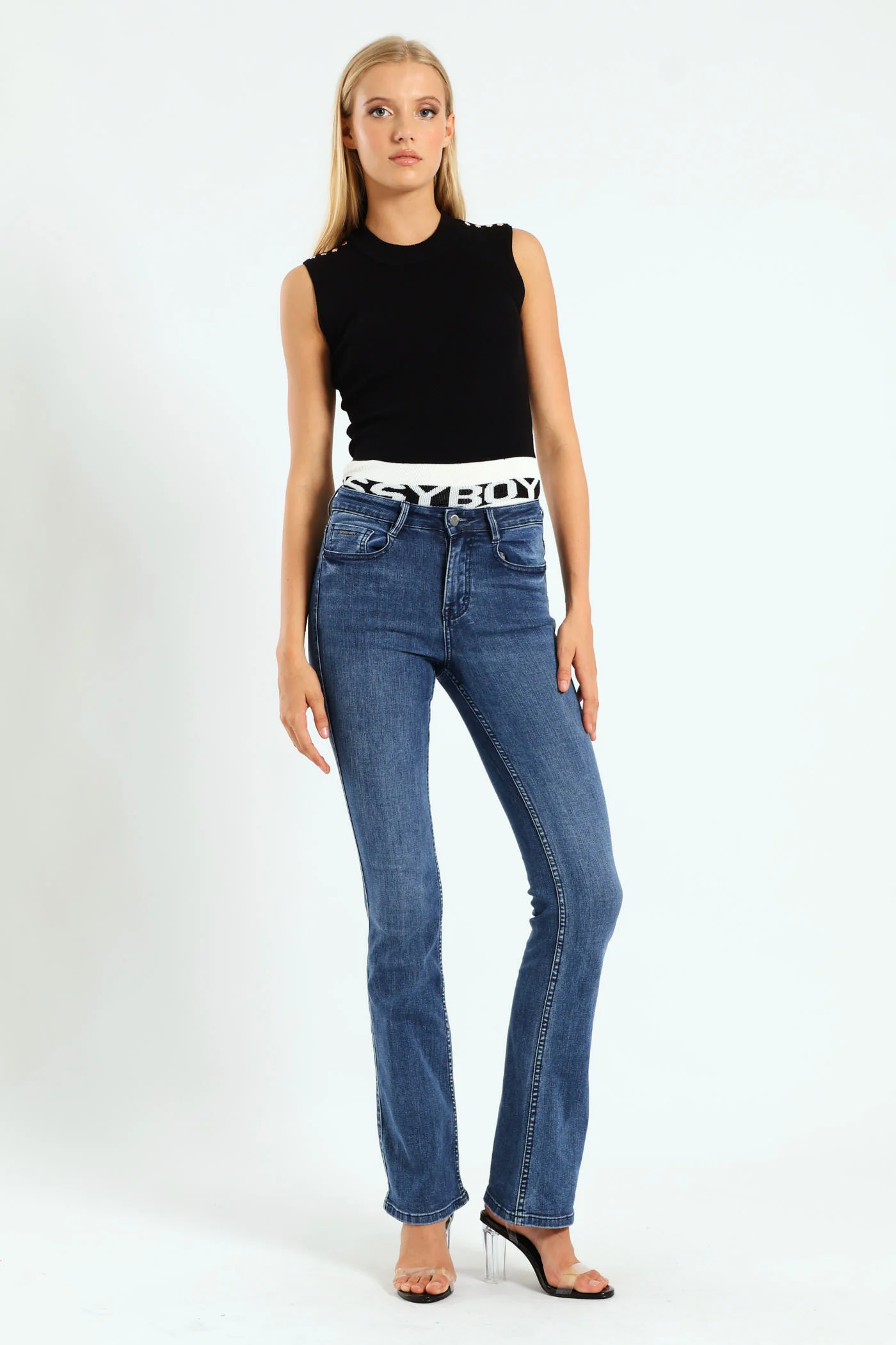 Mid Waist Bootleg With Wings On Pockets - Mid Blue - Image 2