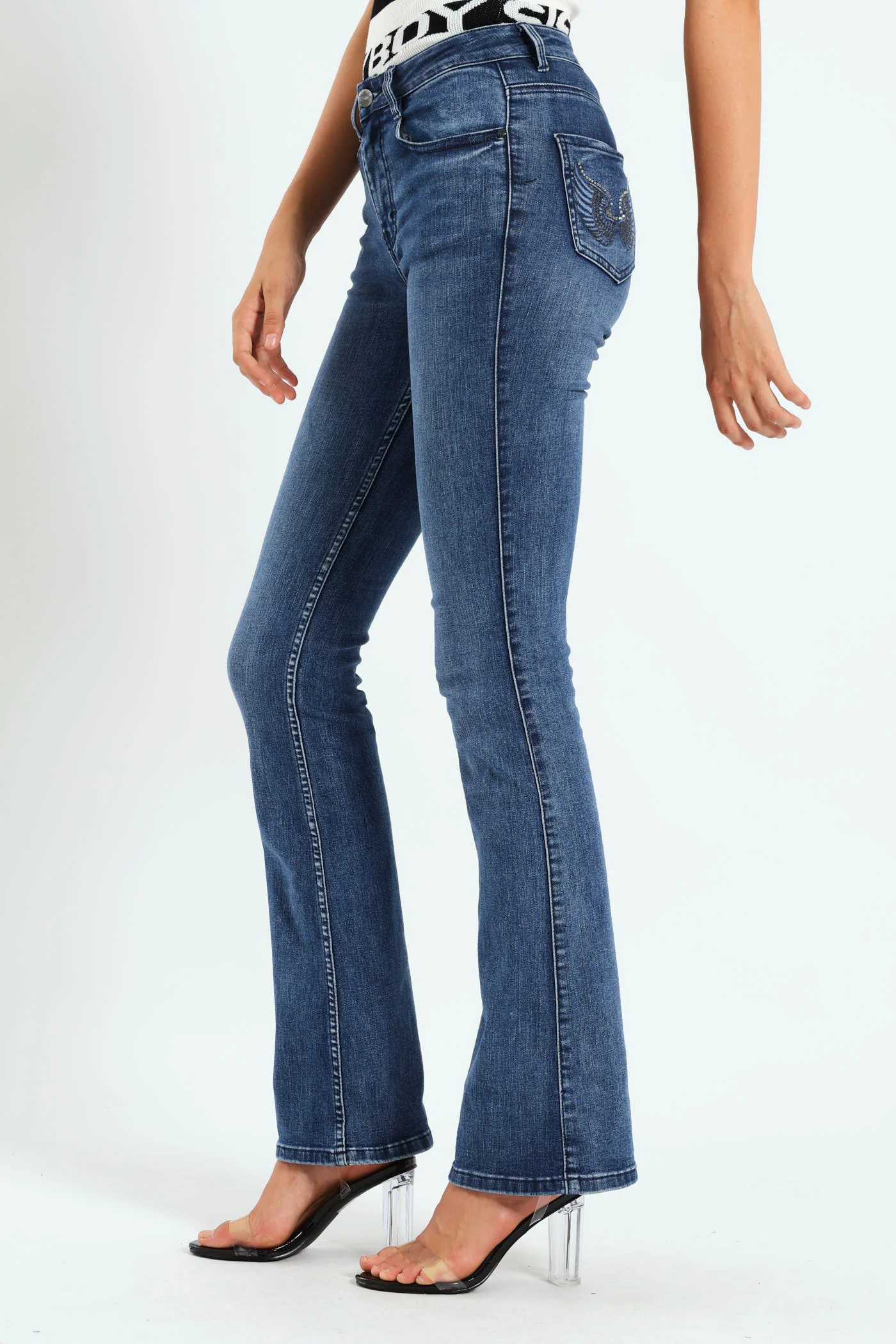 Mid Waist Bootleg With Wings On Pockets - Mid Blue - Image 3