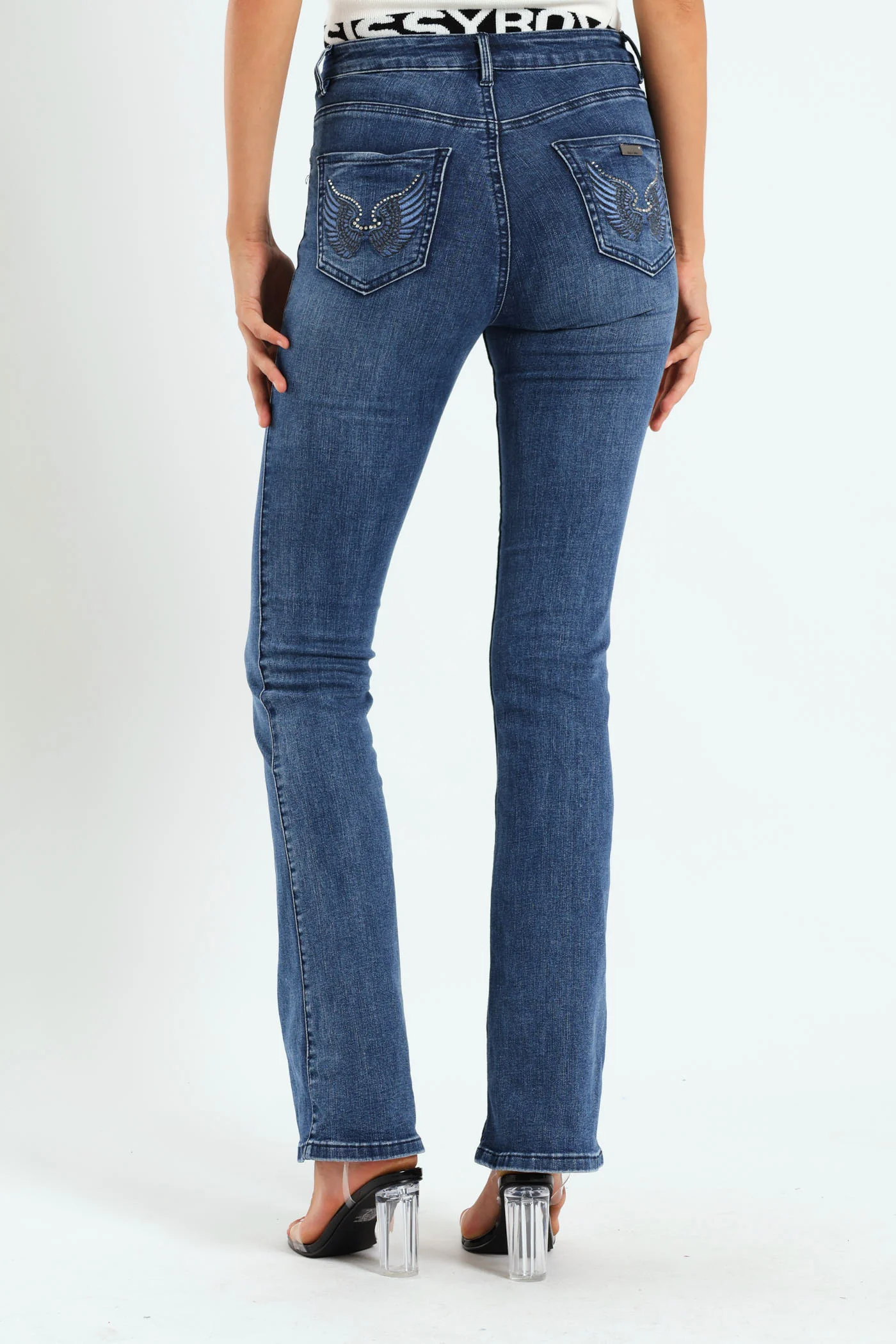 Mid Waist Bootleg With Wings On Pockets - Mid Blue - Image 4