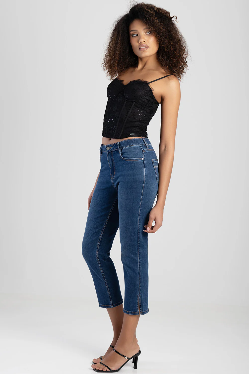 Mid Waist Capri Denim With Side Seam Slit & Back Pocket - Mid Blue - Image 4