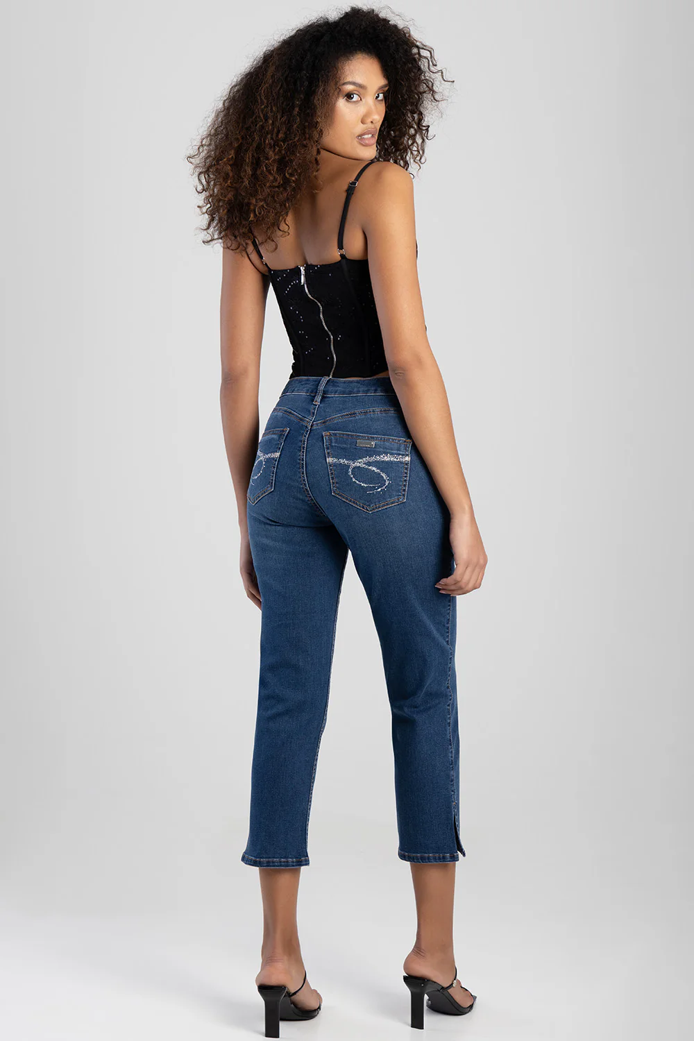 Mid Waist Capri Denim With Side Seam Slit & Back Pocket - Mid Blue - Image 5