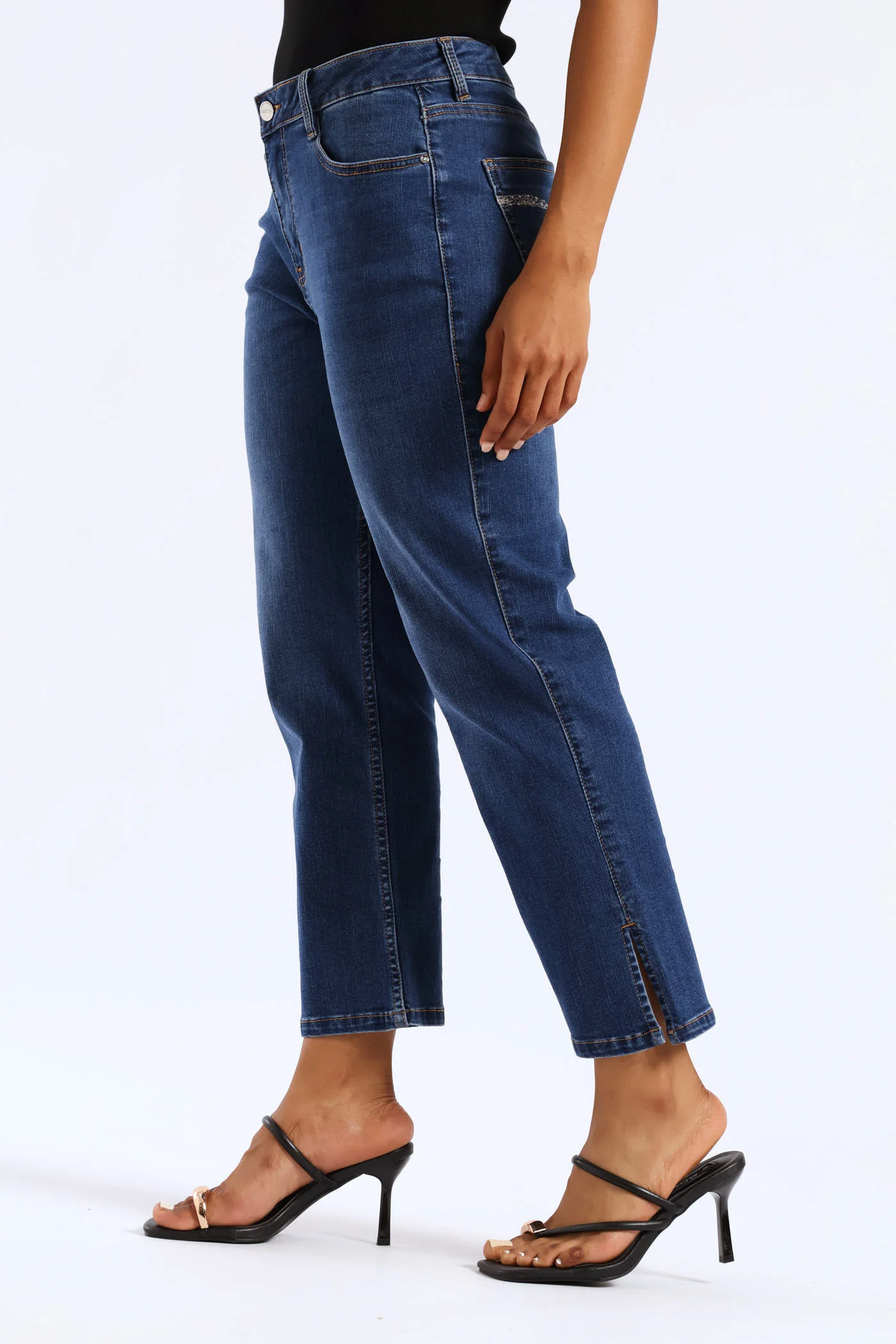 Mid Waist Capri Denim With Side Seam Slit & Back Pocket - Mid Blue - Image 9