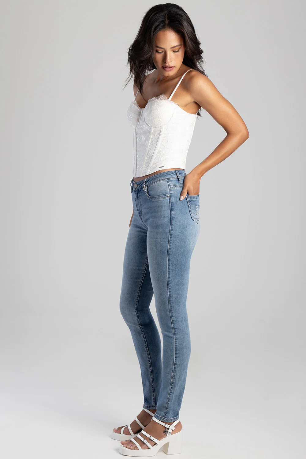 Mid Waist Skinny Denim - Medium Wash - Image 5